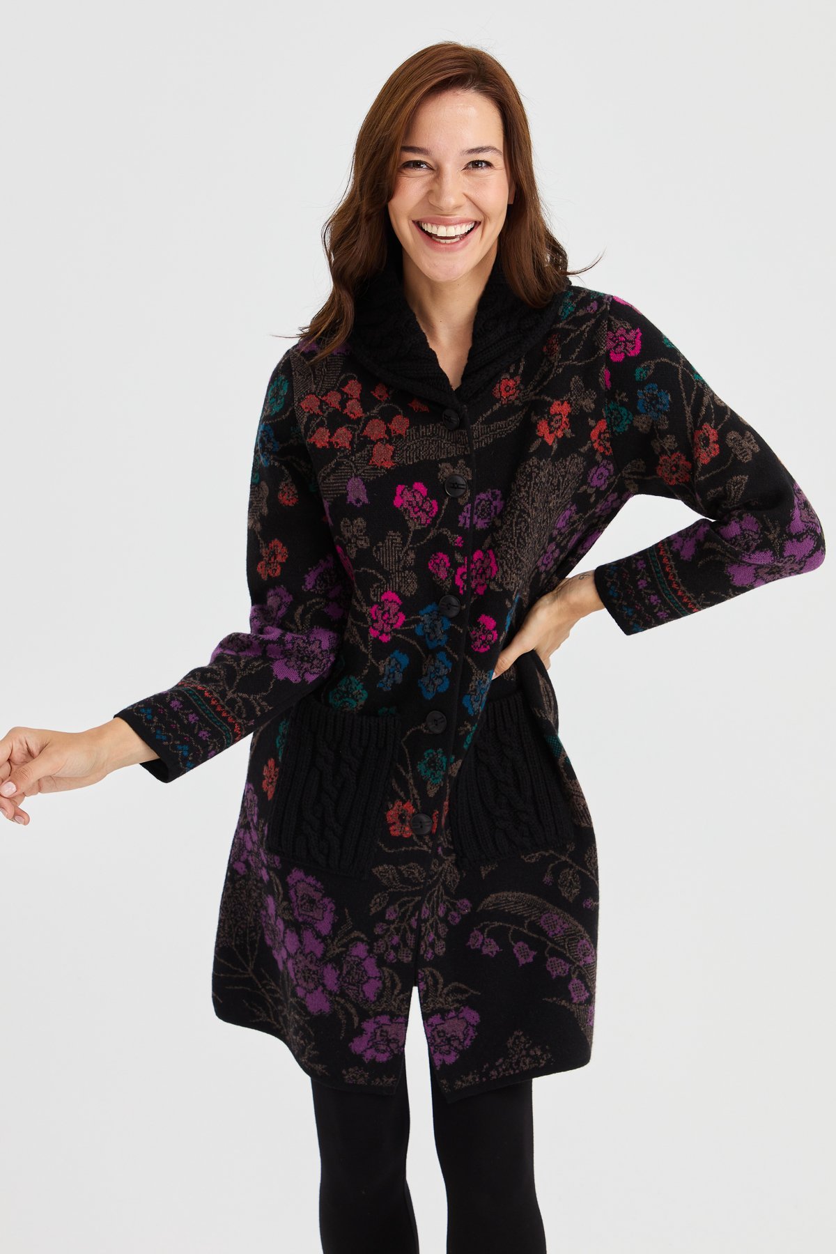 23018Kadın Dik Yaka Sarmaşık Çiçekli Uzun Yün Kaban Siyah