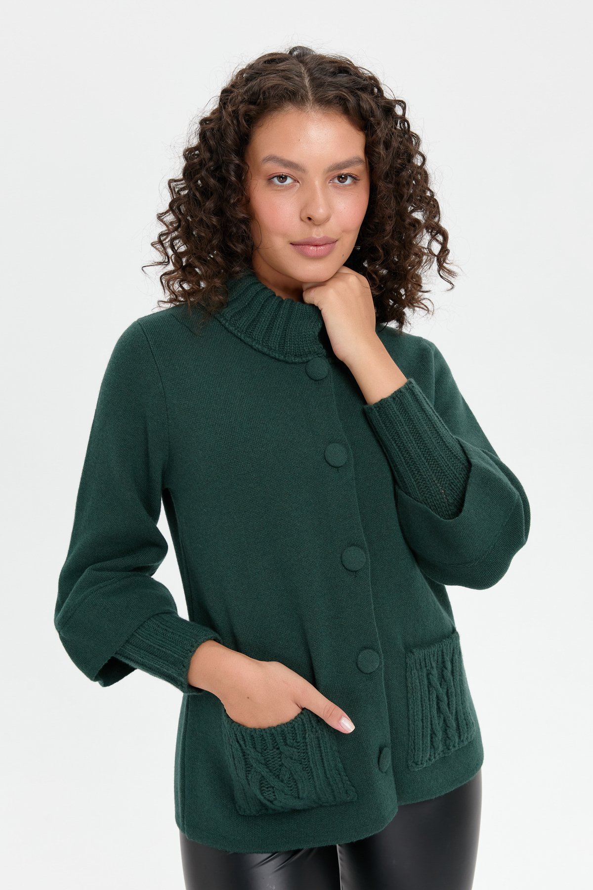 24046Kadın Dik Yaka Truvakar Kol Kısa Yün Ceket Yeşil
