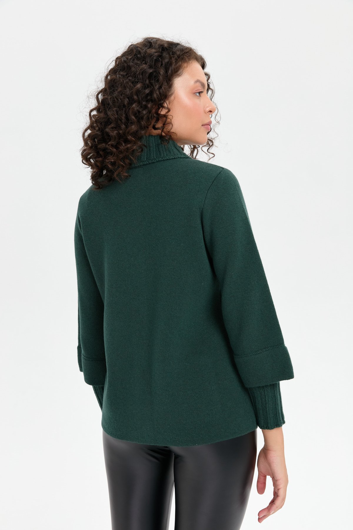 24046Kadın Dik Yaka Truvakar Kol Kısa Yün Ceket Yeşil