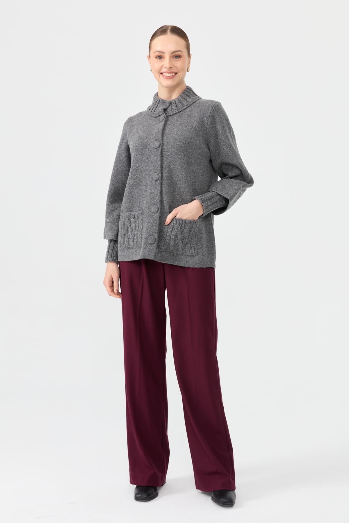 24046Kadın Dik Yaka Truvakar Kol Kısa Yün Ceket Füme