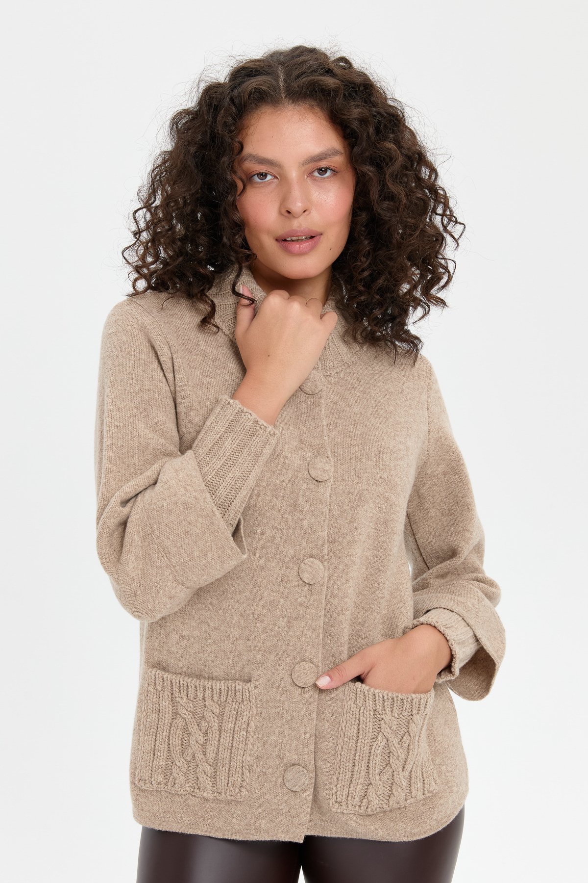 24046Kadın Dik Yaka Truvakar Kol Kısa Yün Ceket K.Bej