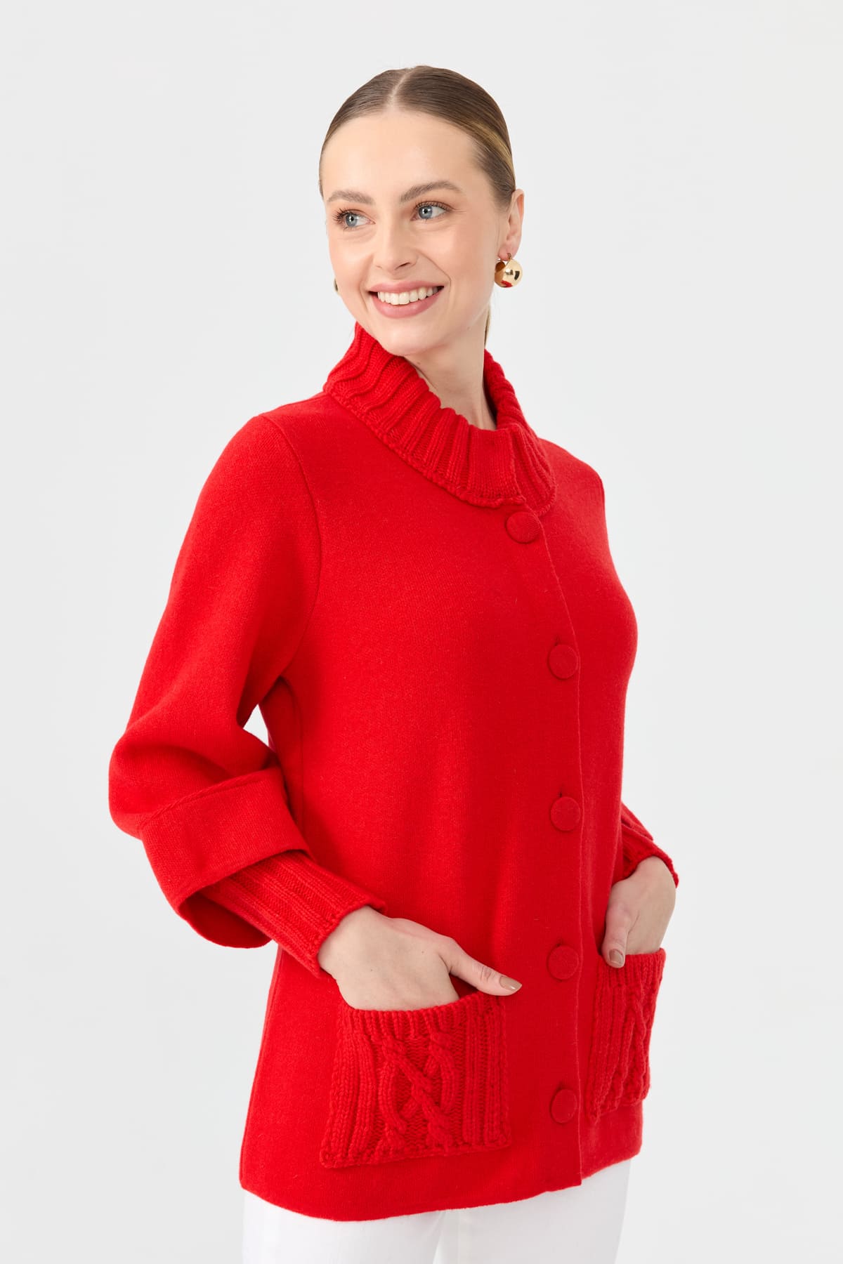 24046Kadın Dik Yaka Truvakar Kol Kısa Yün Ceket Mercan