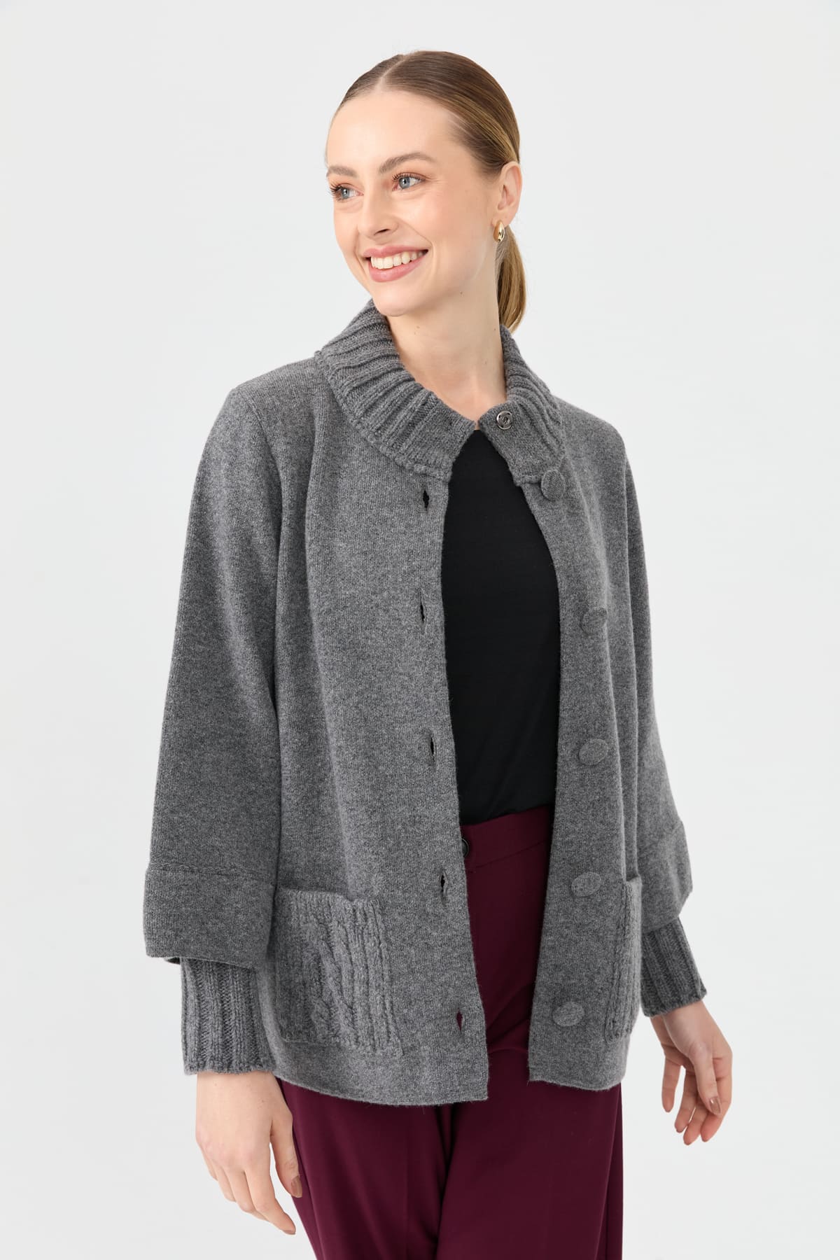 24046Kadın Dik Yaka Truvakar Kol Kısa Yün Ceket Füme