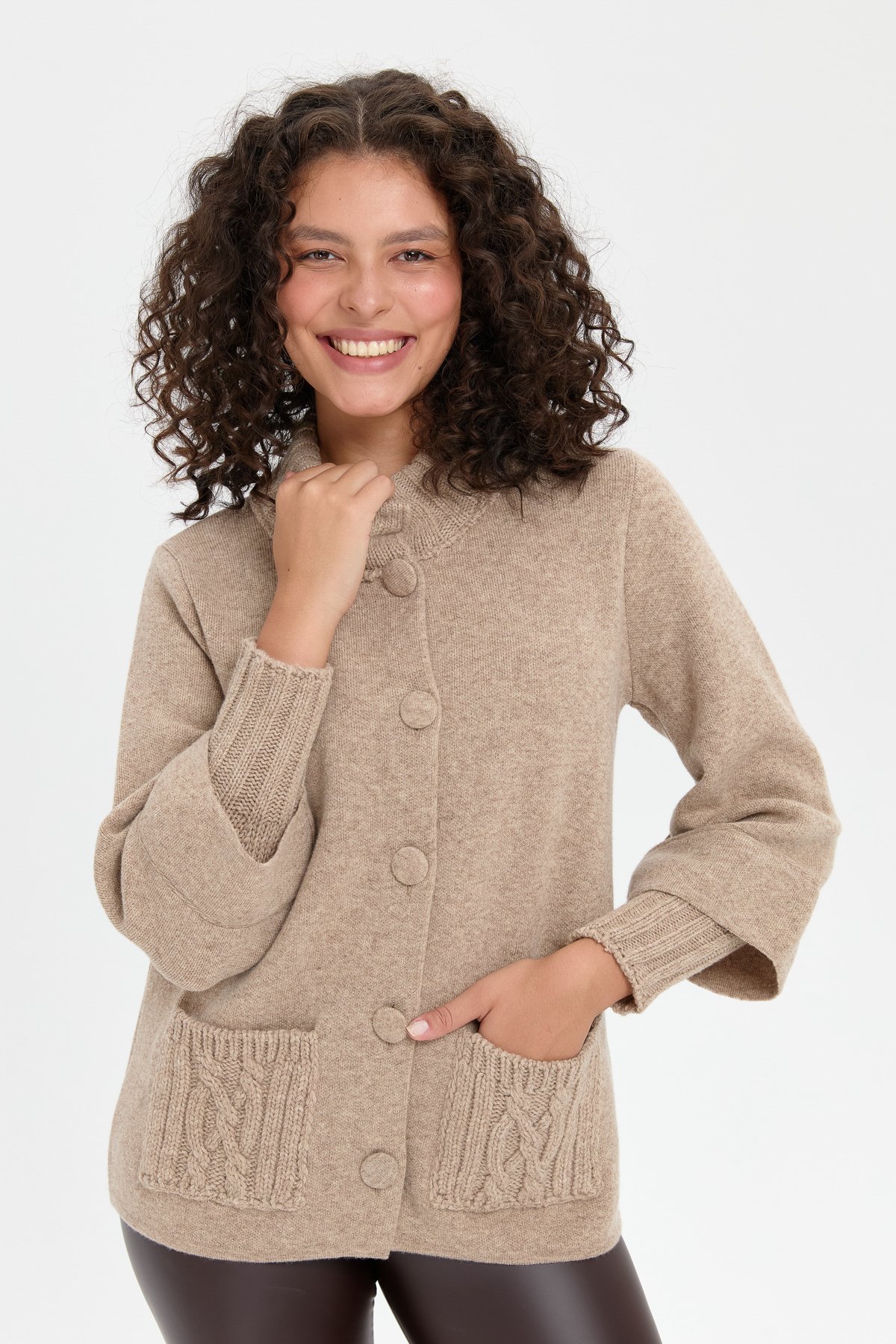 24046Kadın Dik Yaka Truvakar Kol Kısa Yün Ceket K.Bej