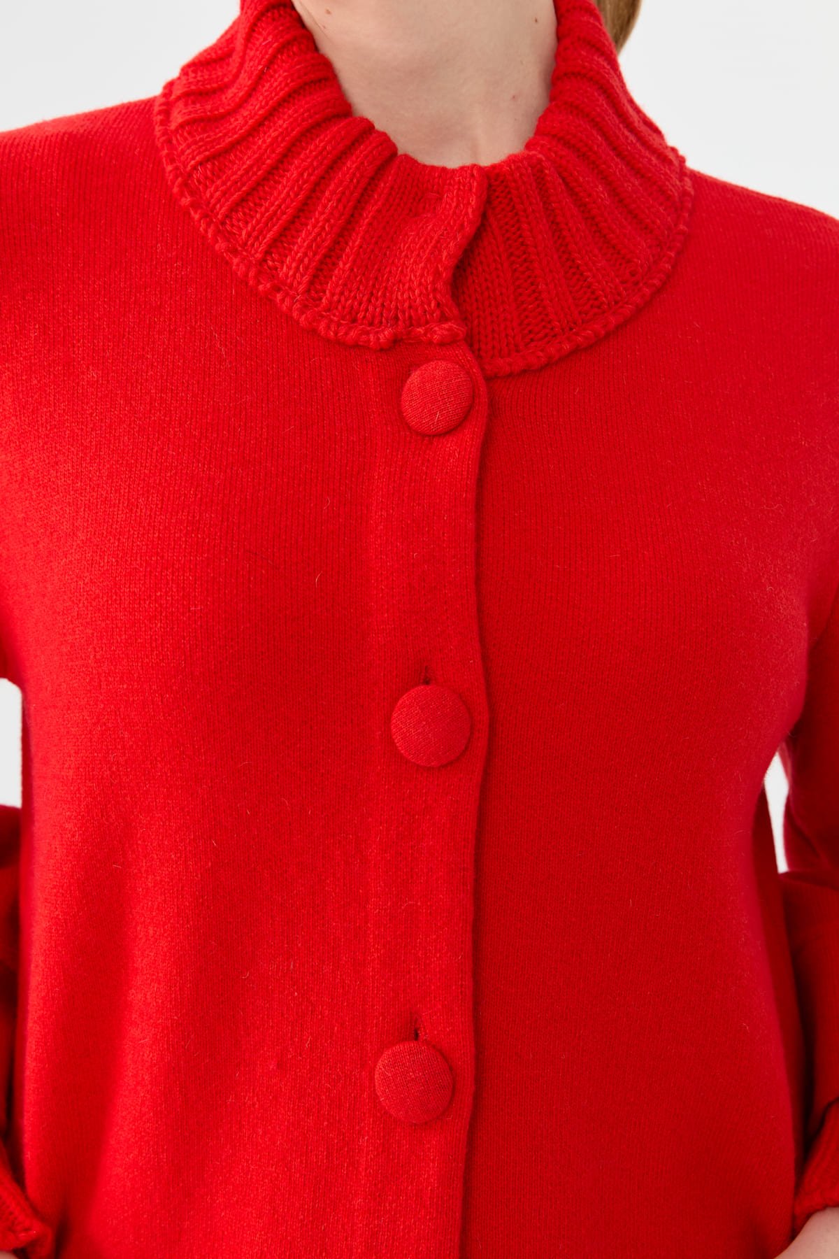 24046Kadın Dik Yaka Truvakar Kol Kısa Yün Ceket Mercan