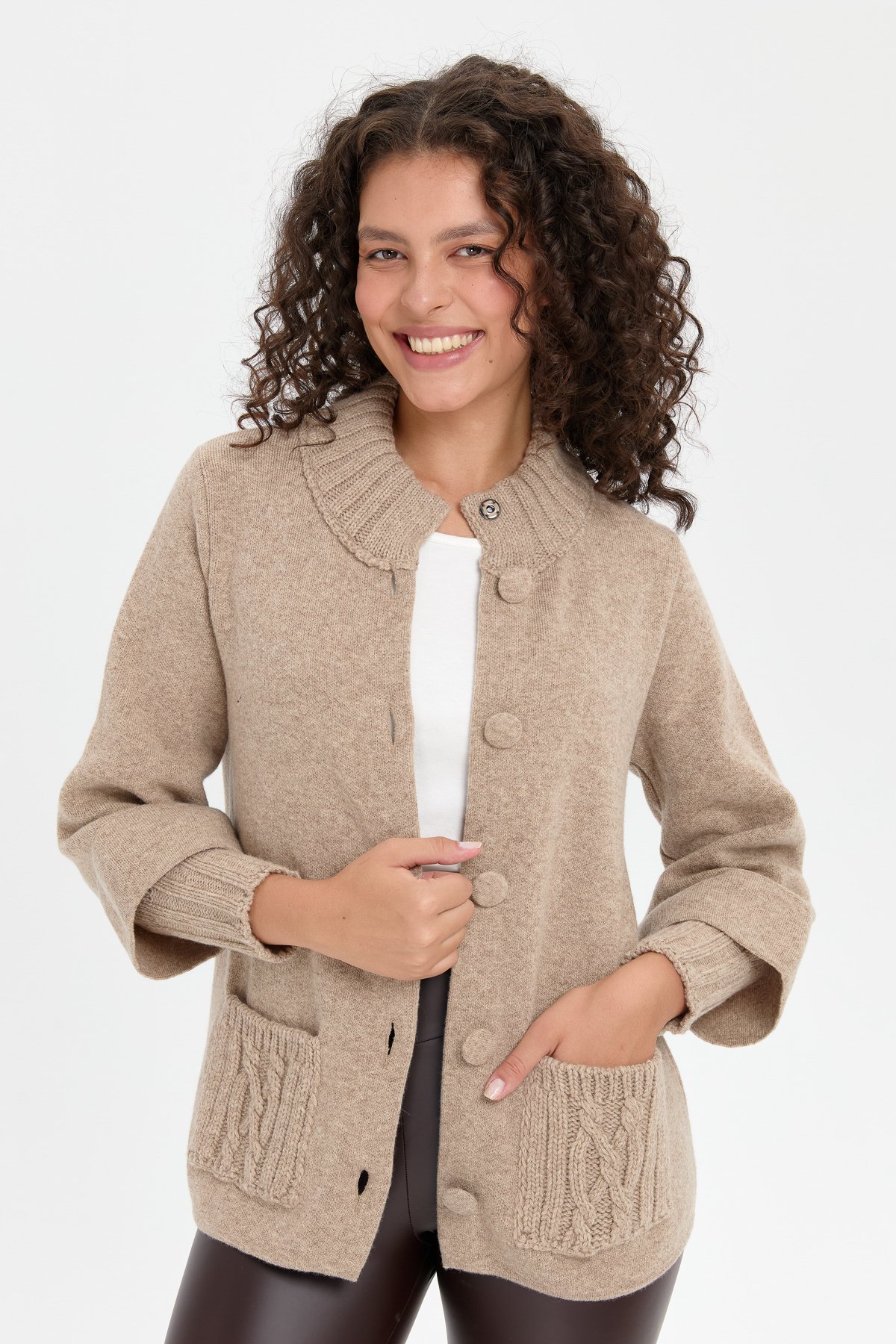 24046Kadın Dik Yaka Truvakar Kol Kısa Yün Ceket K.Bej