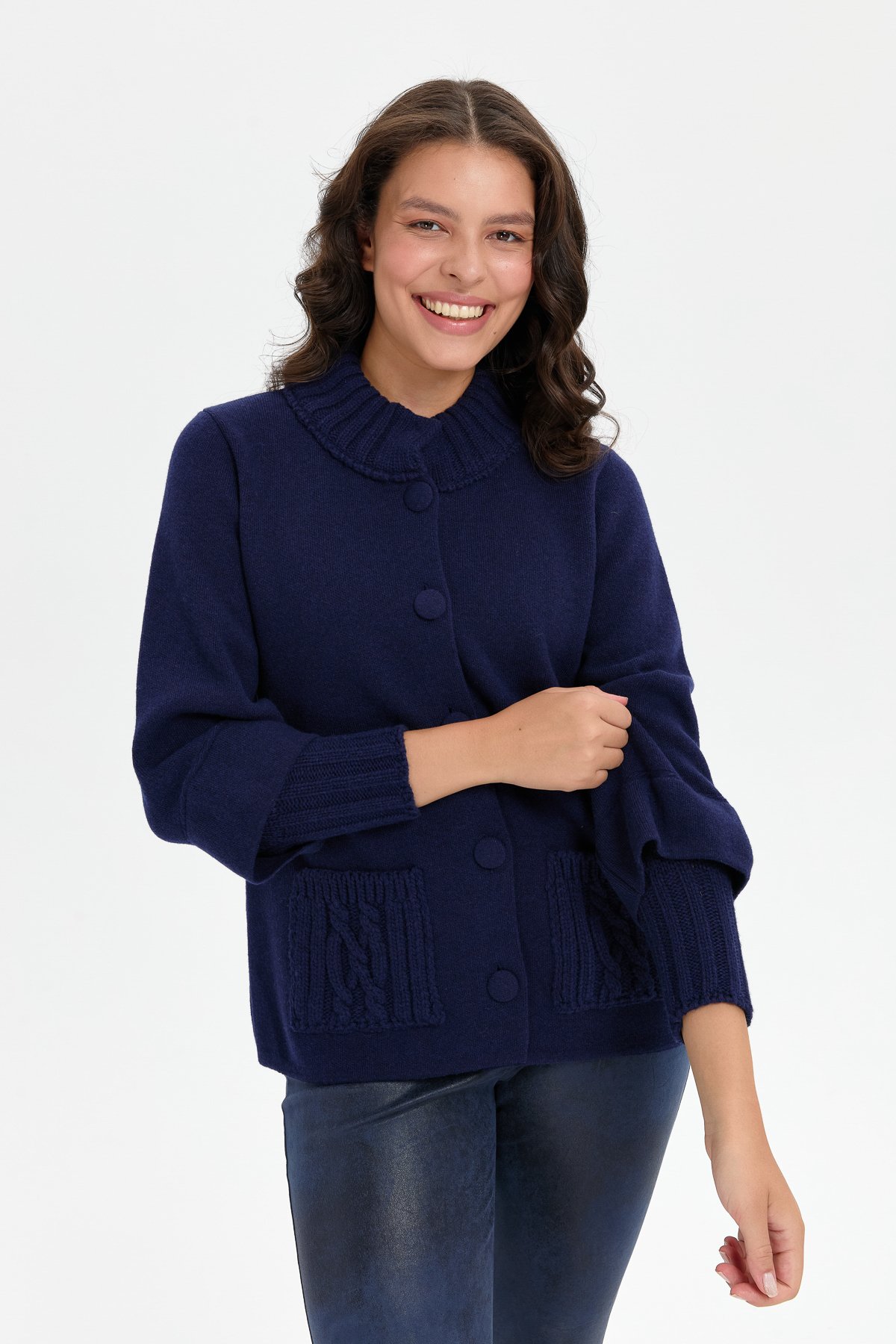 24046Kadın Dik Yaka Truvakar Kol Kısa Yün Ceket Y.A Lacivert