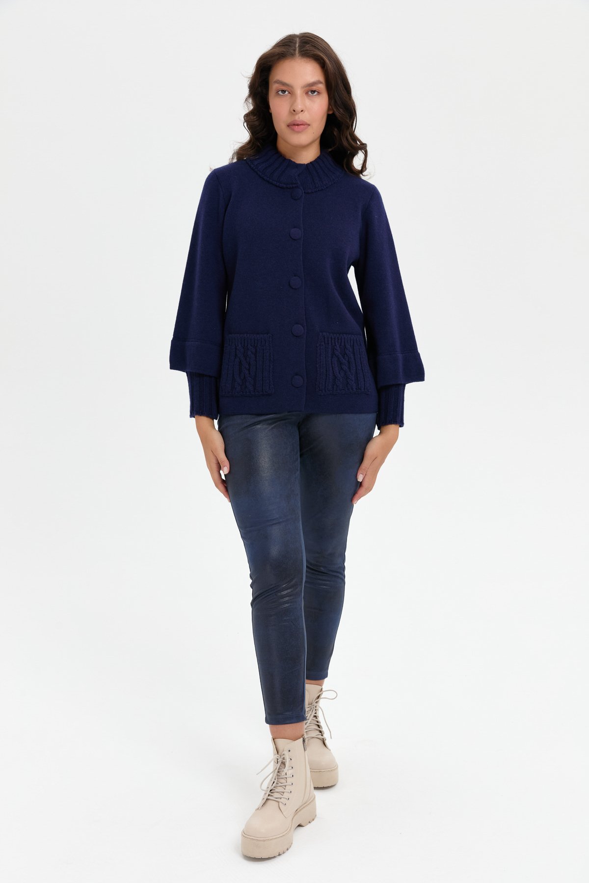 24046Kadın Dik Yaka Truvakar Kol Kısa Yün Ceket Y.A Lacivert