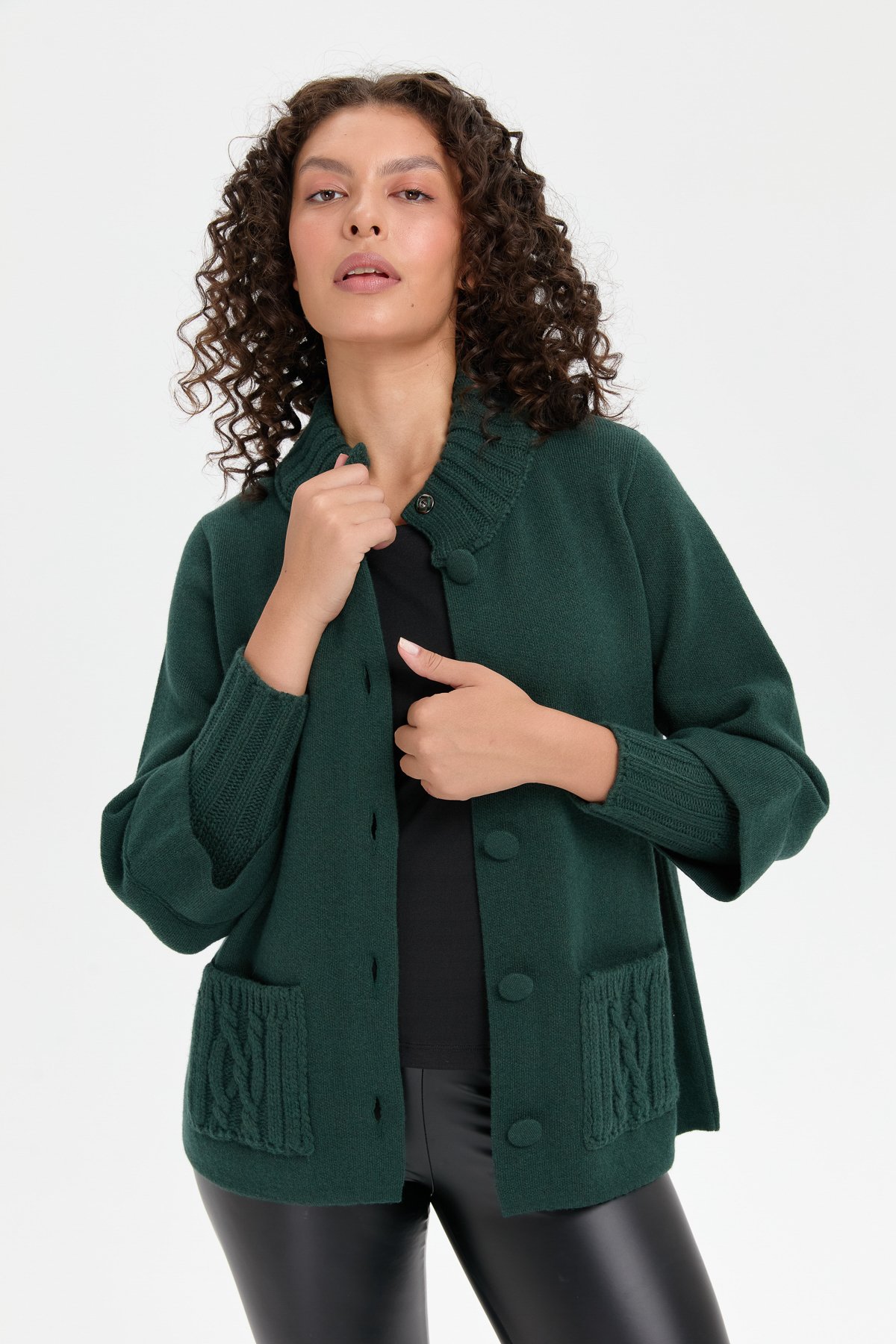 24046Kadın Dik Yaka Truvakar Kol Kısa Yün Ceket Yeşil