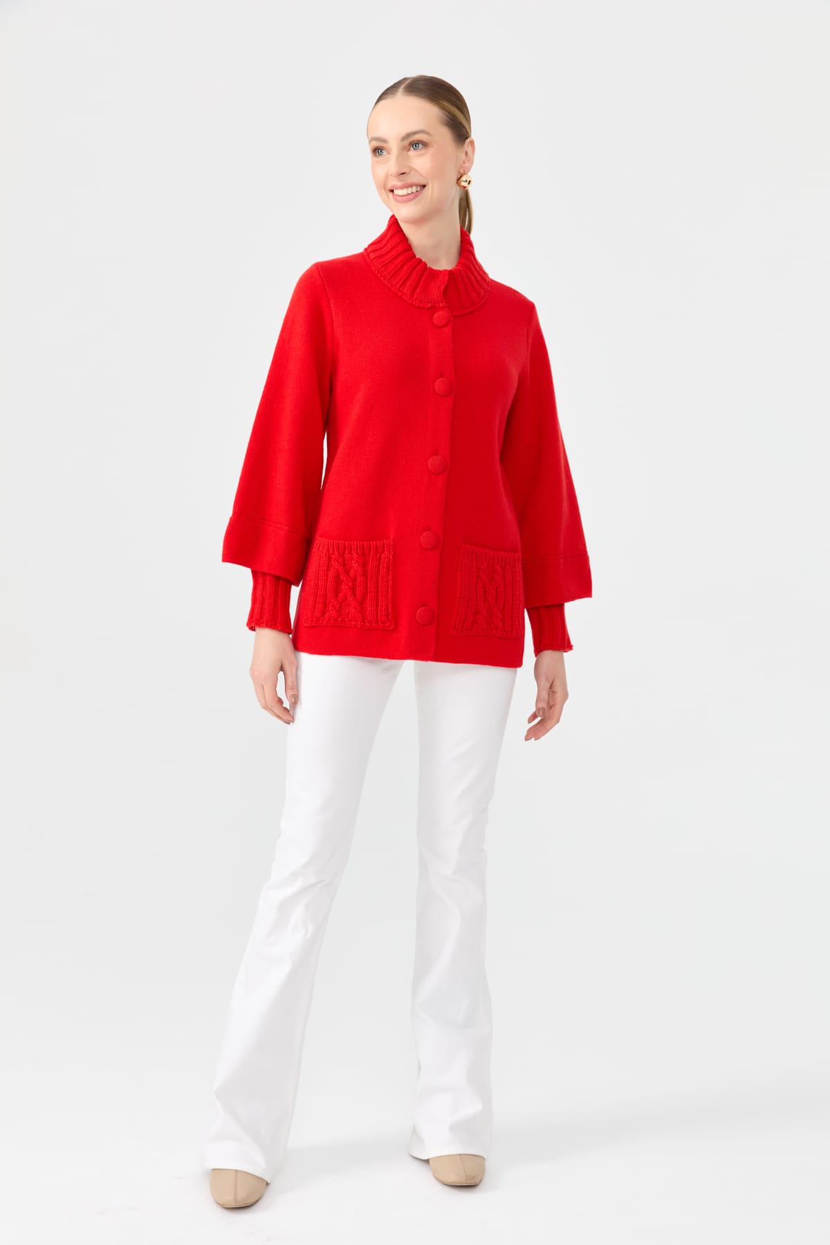 24046Kadın Dik Yaka Truvakar Kol Kısa Yün Ceket Mercan
