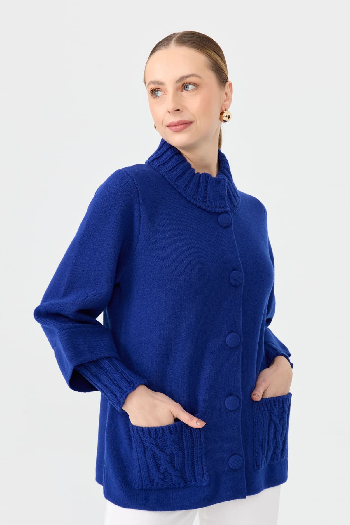 24046Kadın Dik Yaka Truvakar Kol Kısa Yün Ceket K.S.Mavi