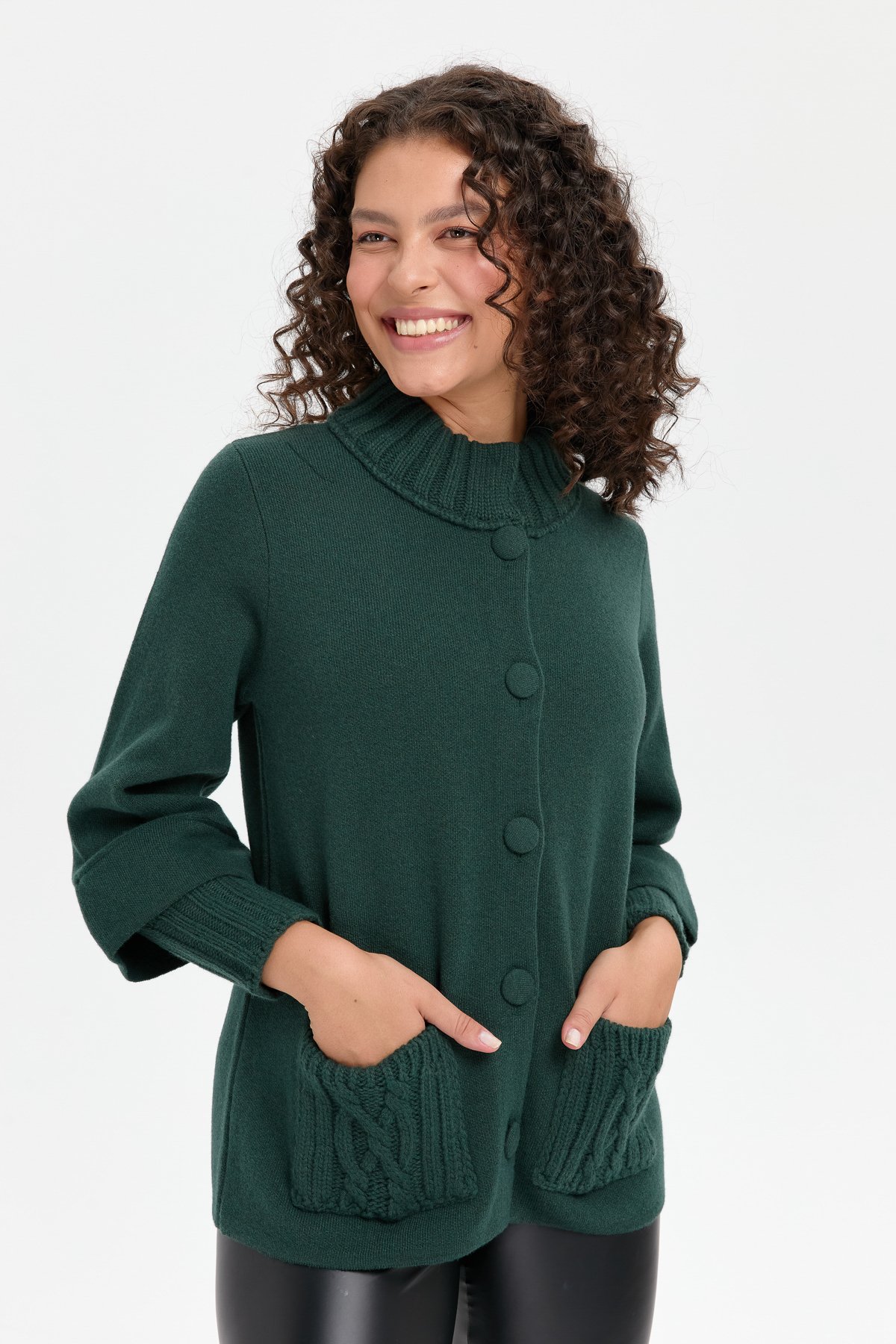 24046Kadın Dik Yaka Truvakar Kol Kısa Yün Ceket Yeşil