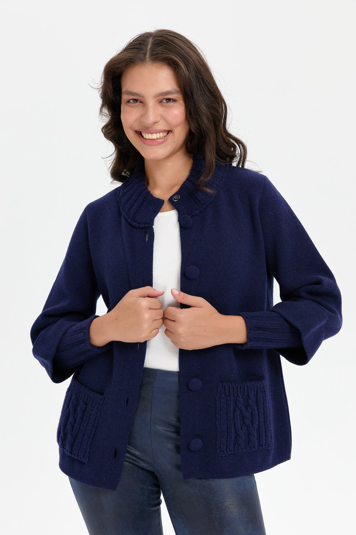 24046Kadın Dik Yaka Truvakar Kol Kısa Yün Ceket Y.A Lacivert