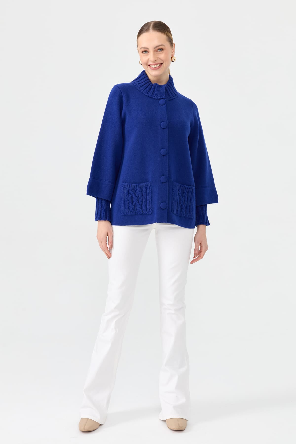 24046Kadın Dik Yaka Truvakar Kol Kısa Yün Ceket K.S.Mavi