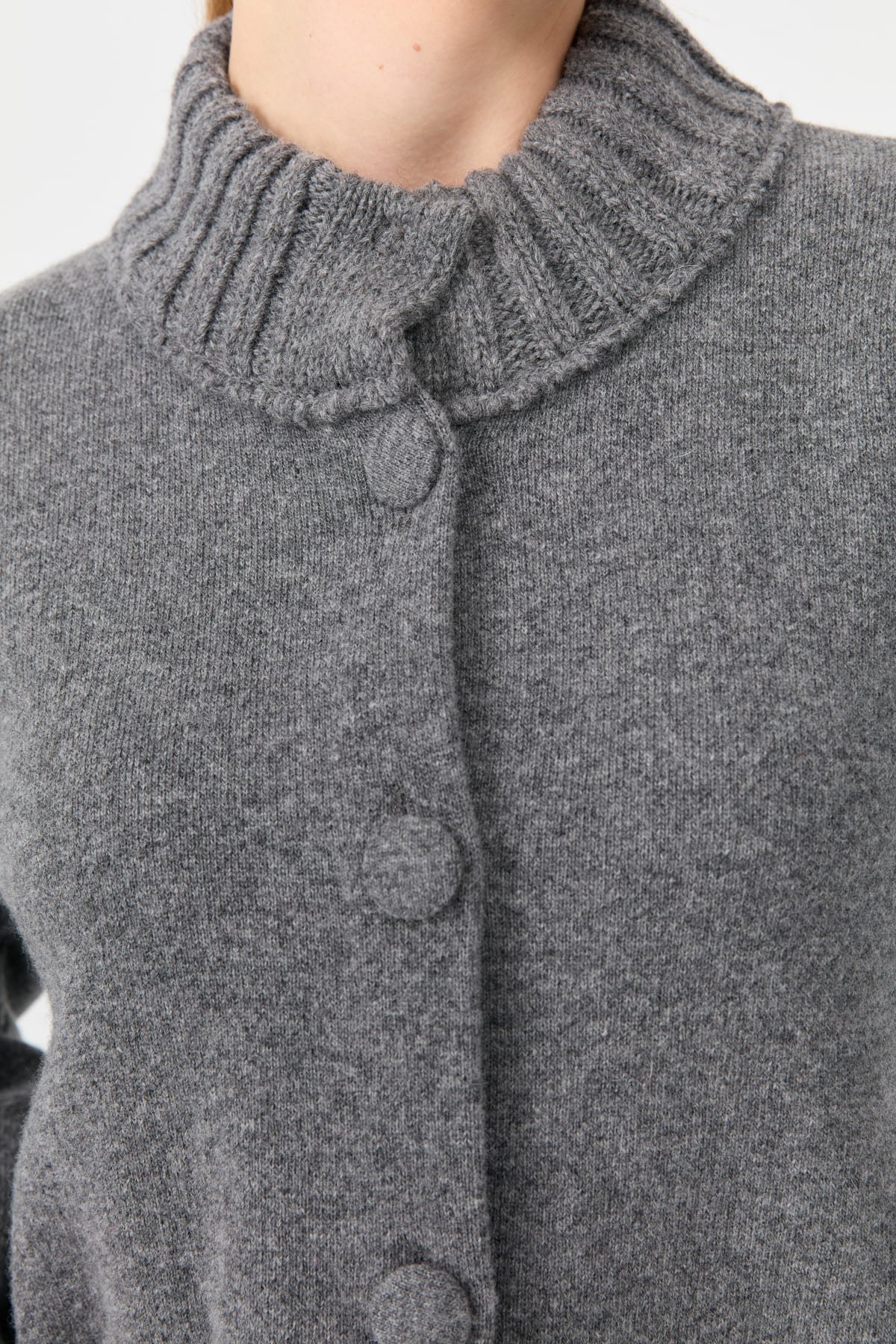 24046Kadın Dik Yaka Truvakar Kol Kısa Yün Ceket Füme