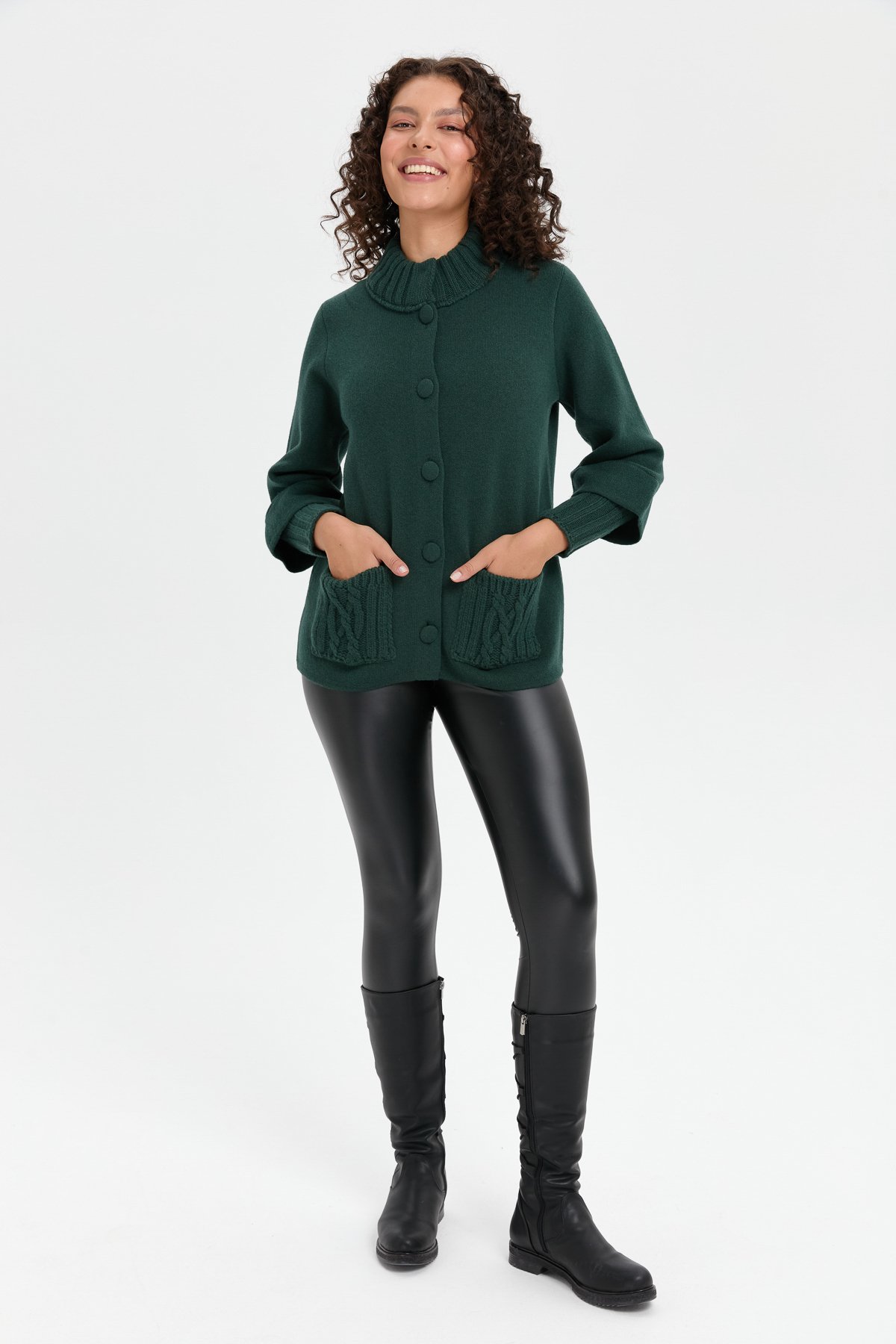 24046Kadın Dik Yaka Truvakar Kol Kısa Yün Ceket Yeşil