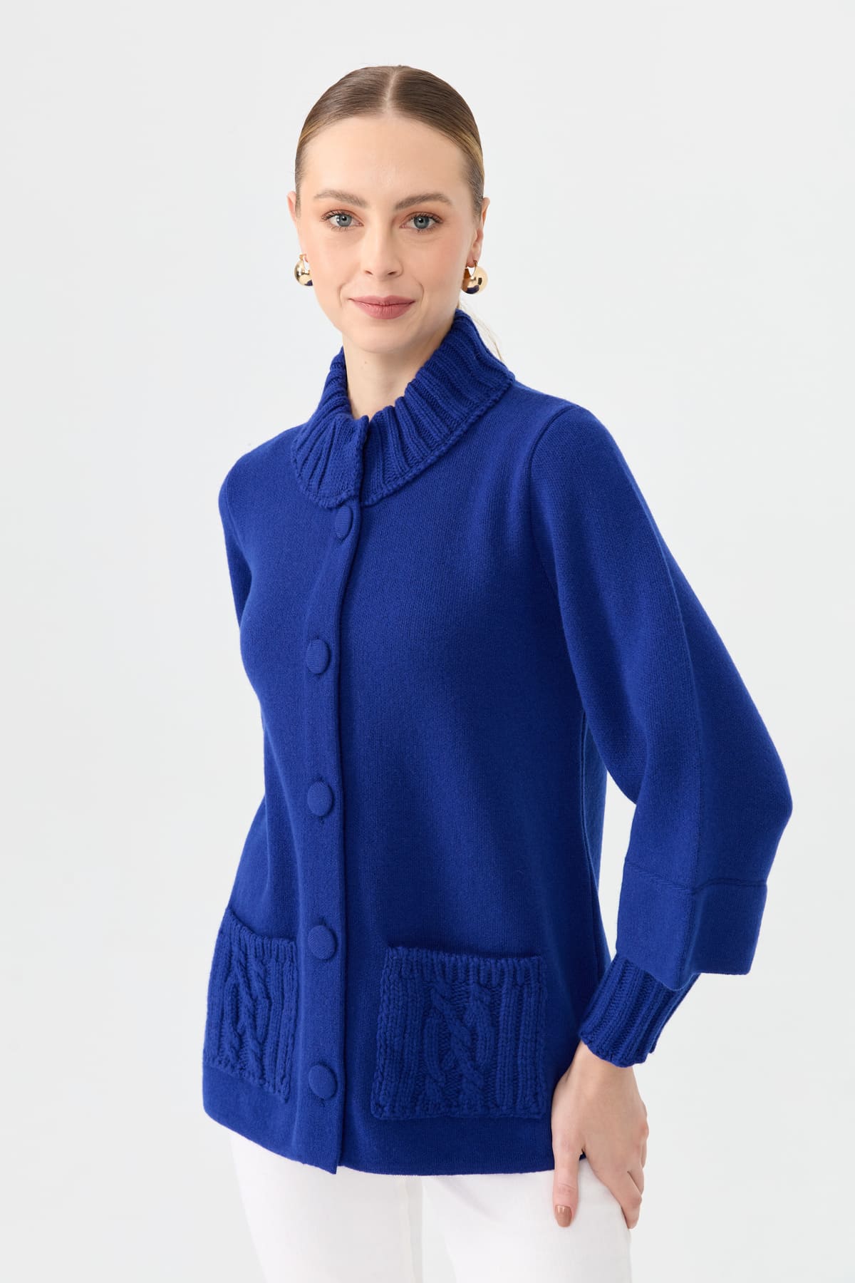24046Kadın Dik Yaka Truvakar Kol Kısa Yün Ceket K.S.Mavi