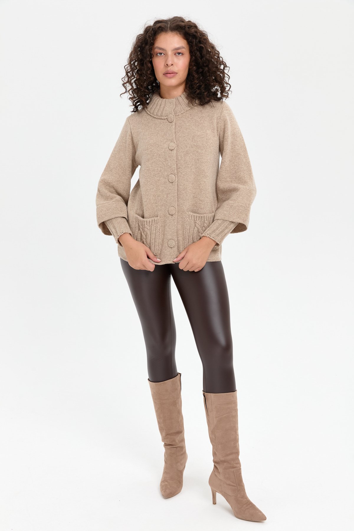 24046Kadın Dik Yaka Truvakar Kol Kısa Yün Ceket K.Bej