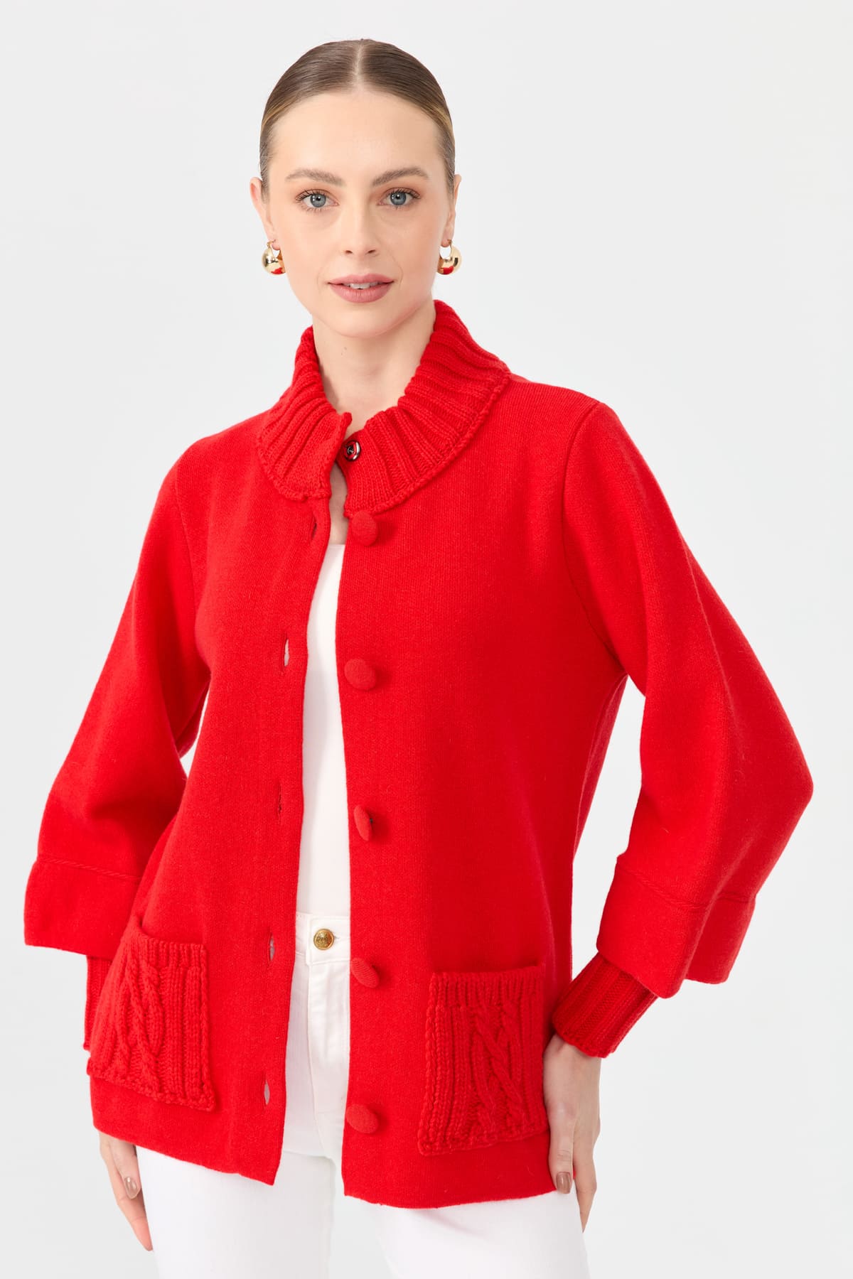 24046Kadın Dik Yaka Truvakar Kol Kısa Yün Ceket Mercan