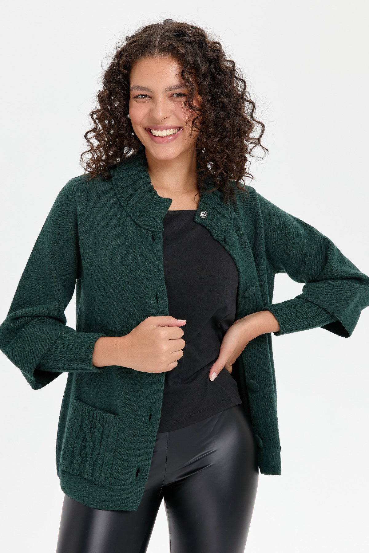 24046Kadın Dik Yaka Truvakar Kol Kısa Yün Ceket Yeşil