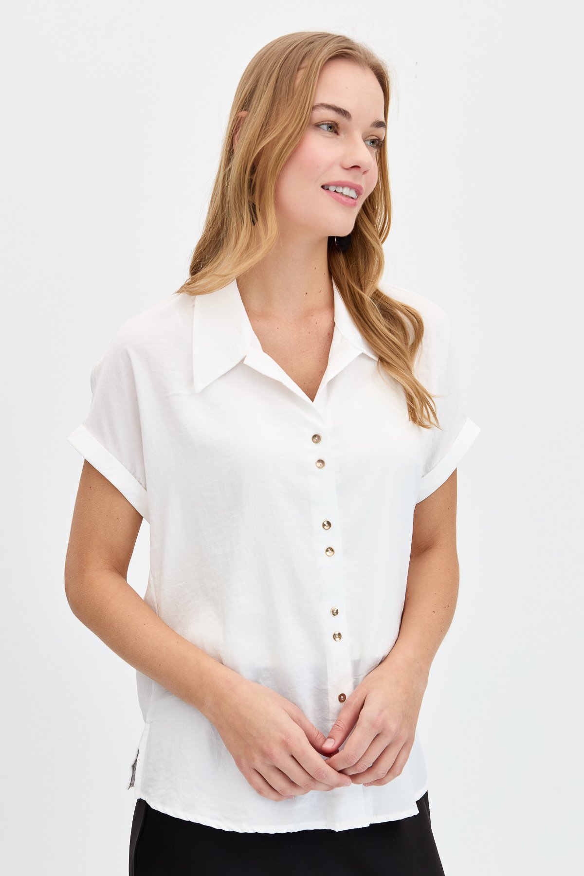 KMY24059Kadın Düşük Kollu Saten Gömlek Ekru