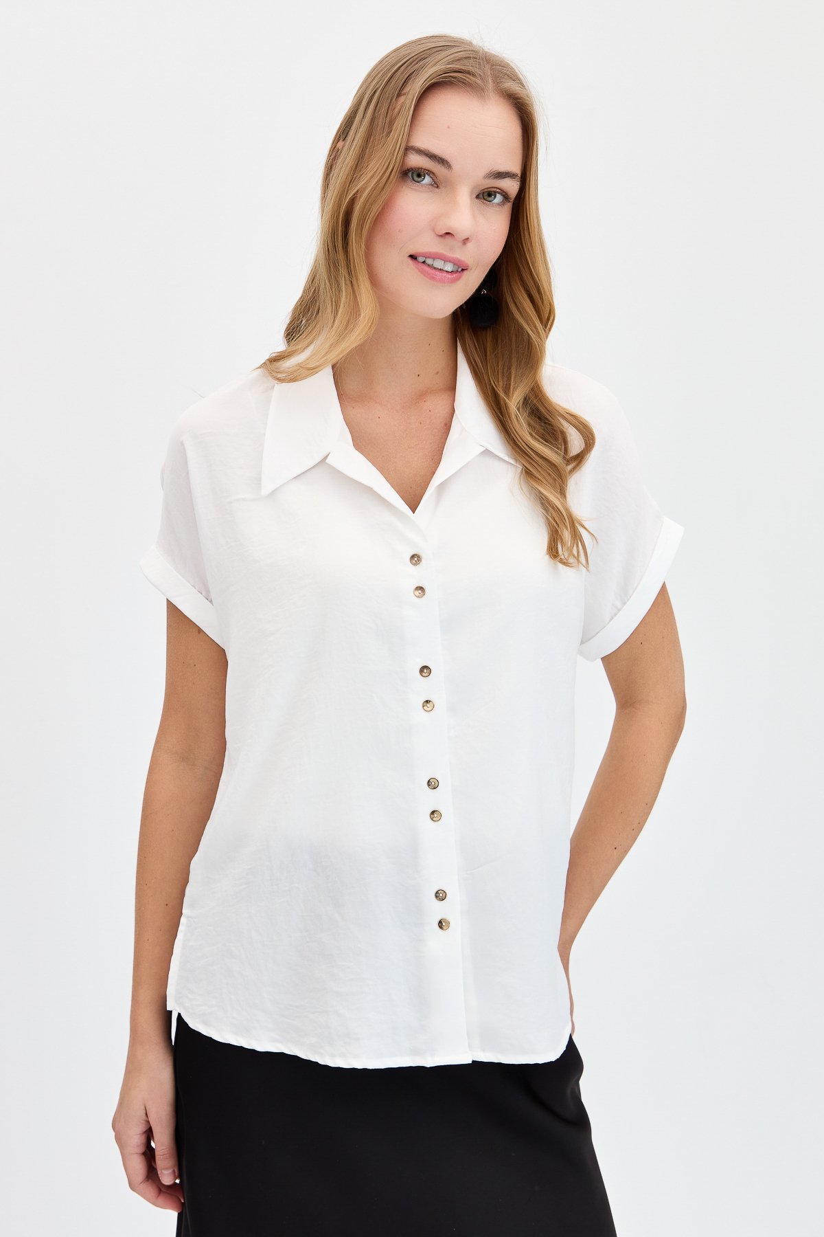 KMY24059Kadın Düşük Kollu Saten Gömlek Ekru