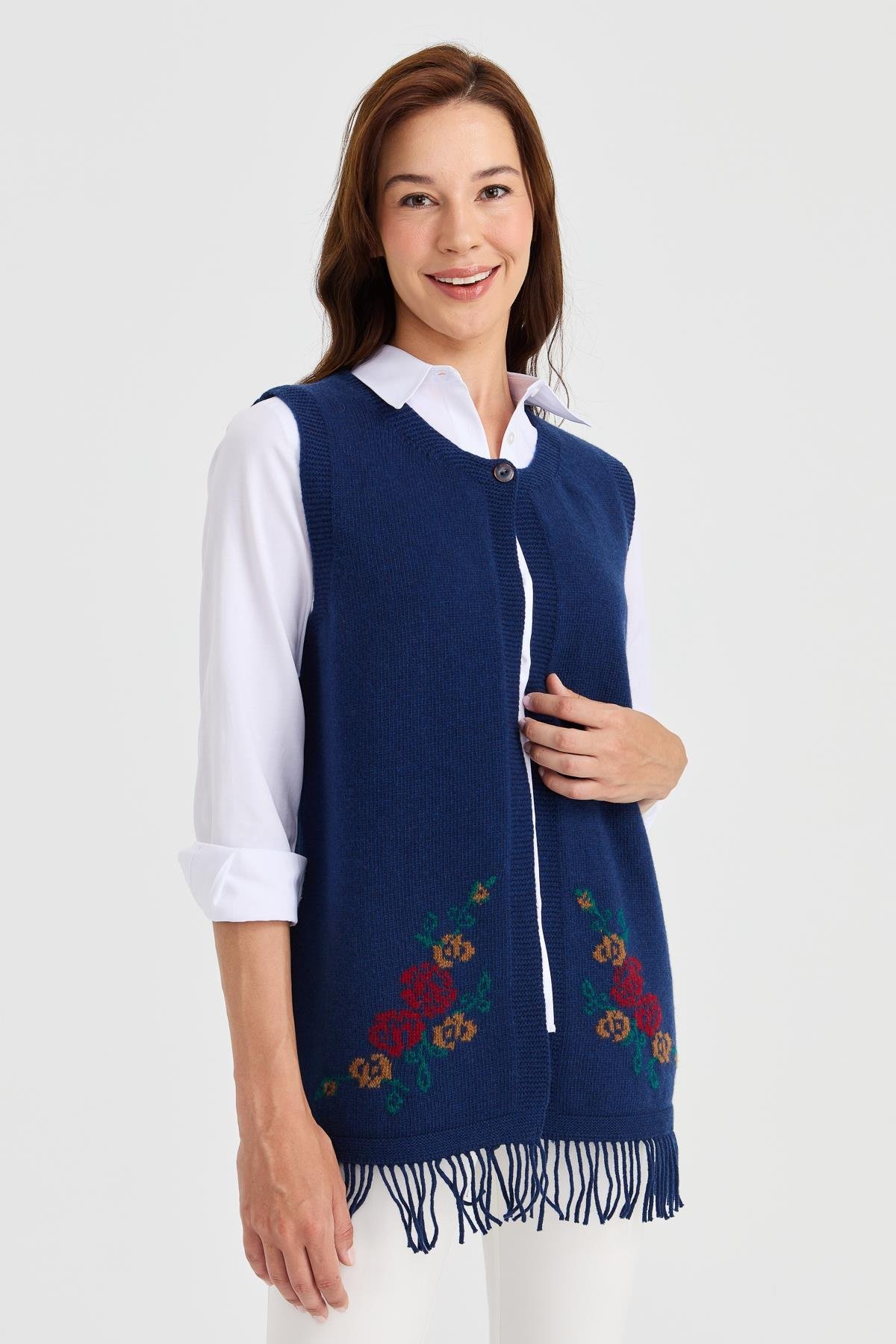 23225Kadın Eteği Çiçekli Püsküllü Yelek İndigo