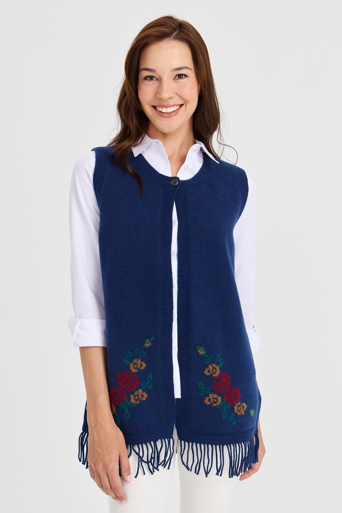 23225Kadın Eteği Çiçekli Püsküllü Yelek İndigo