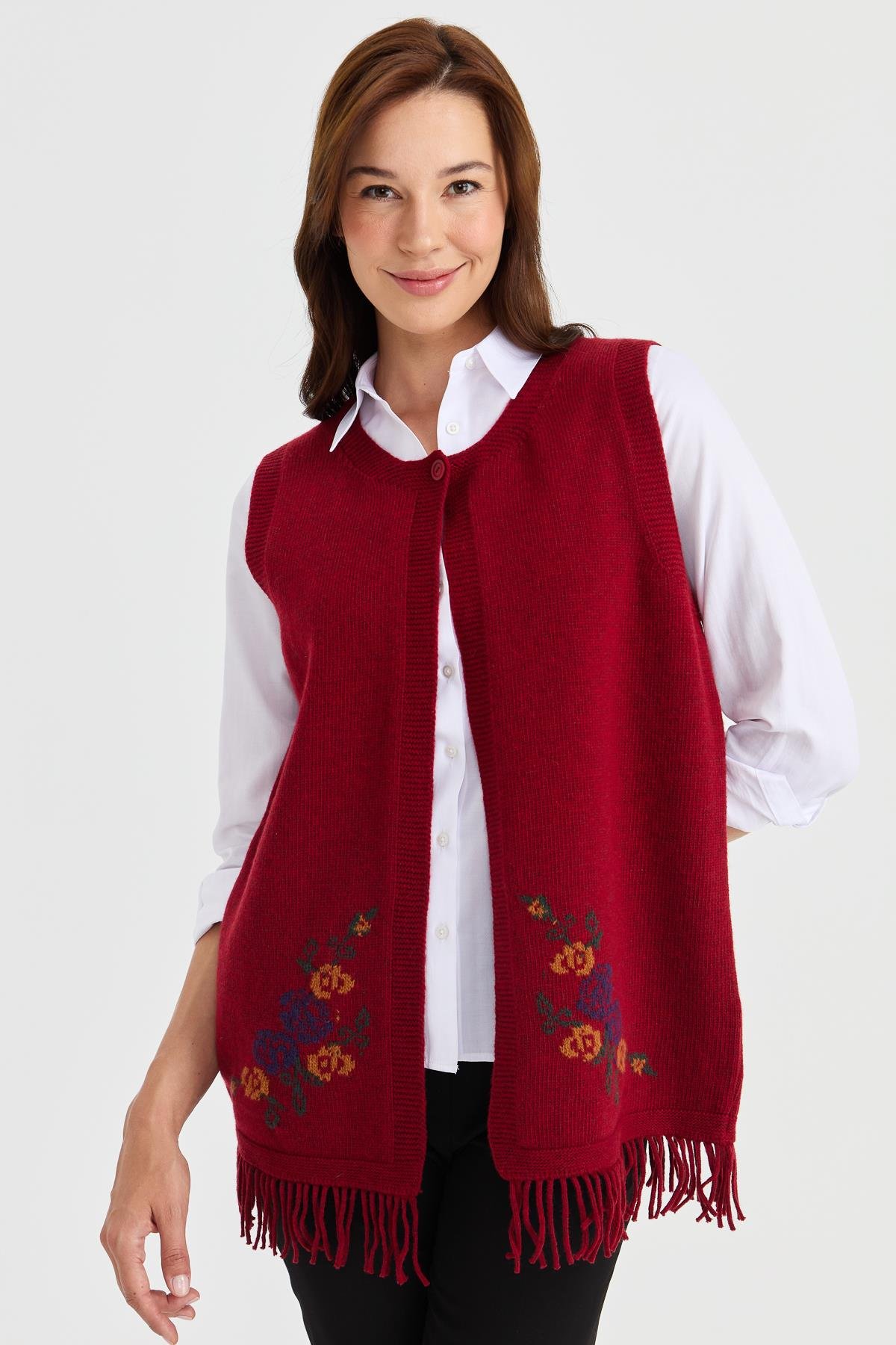 23225Kadın Eteği Çiçekli Püsküllü Yelek V.Kırmızı