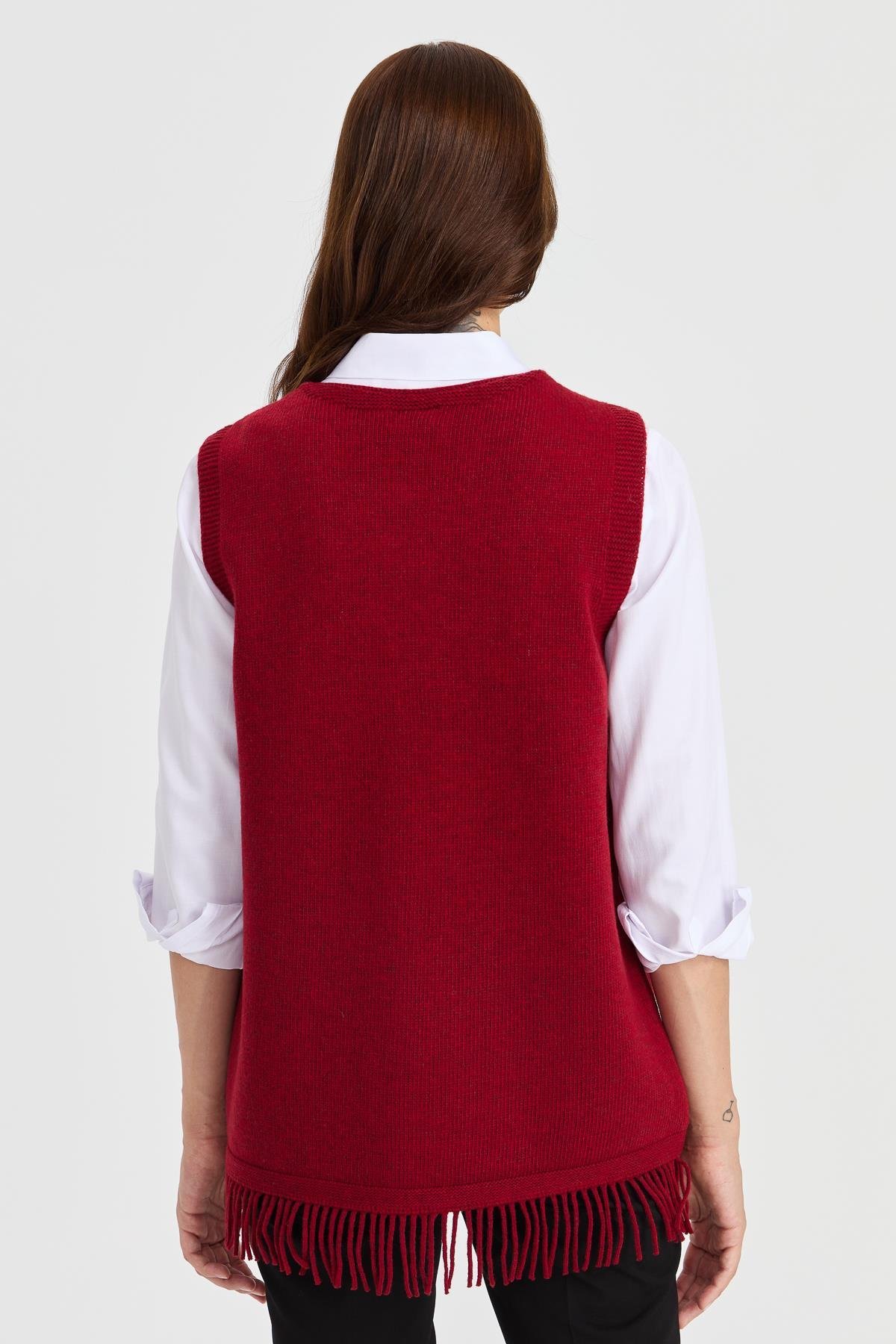 23225Kadın Eteği Çiçekli Püsküllü Yelek V.Kırmızı