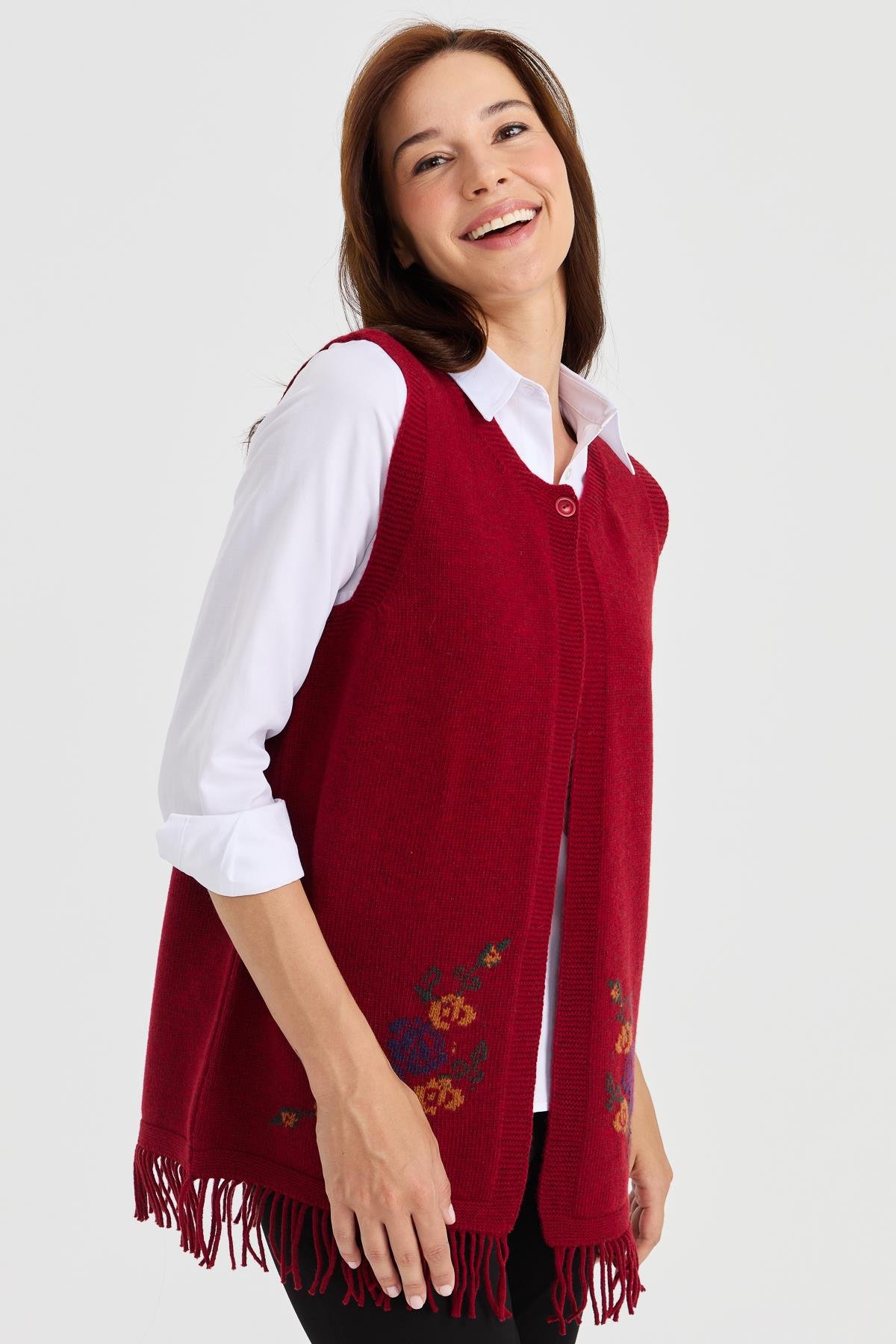 23225Kadın Eteği Çiçekli Püsküllü Yelek V.Kırmızı