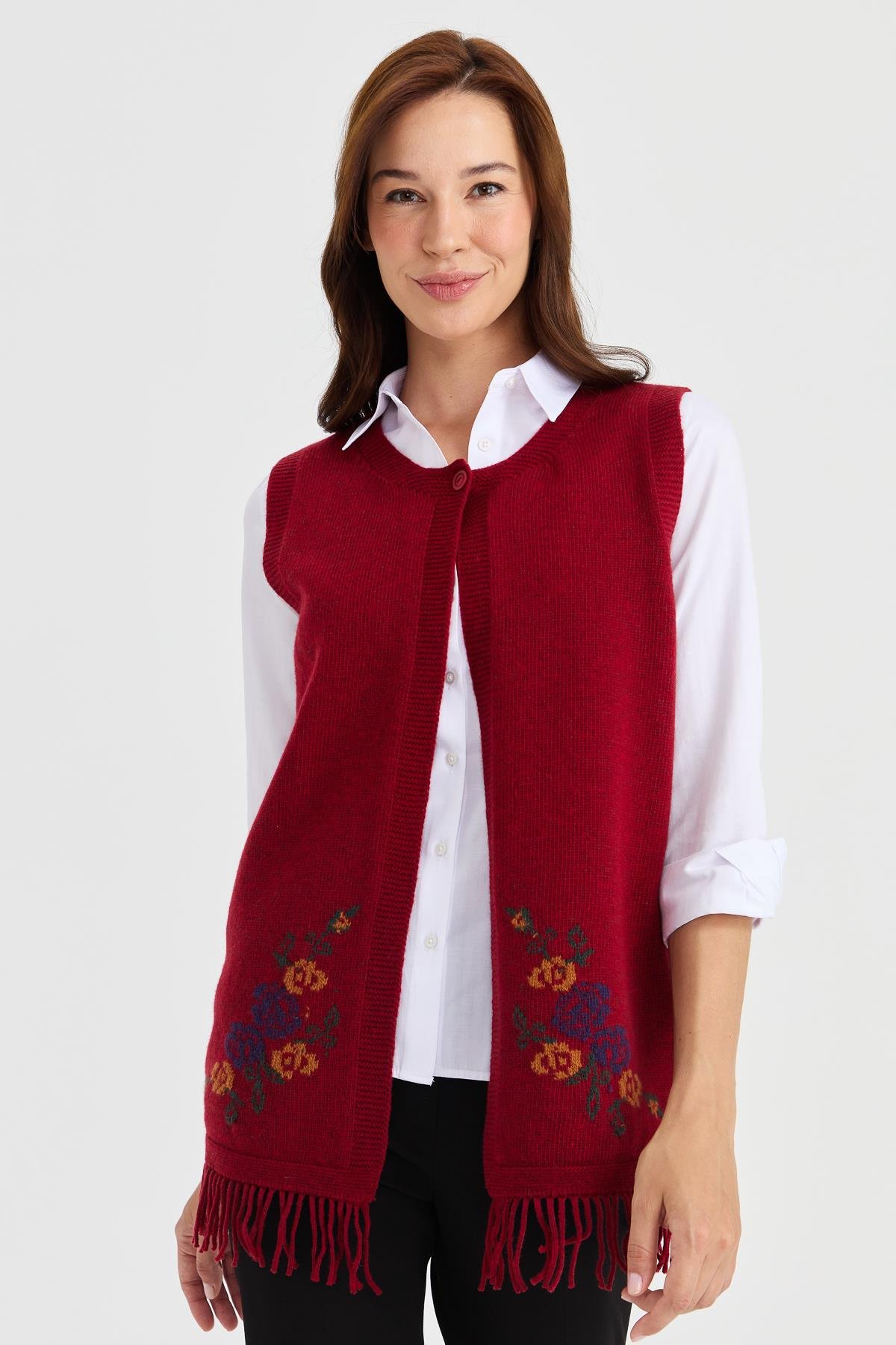 23225Kadın Eteği Çiçekli Püsküllü Yelek V.Kırmızı