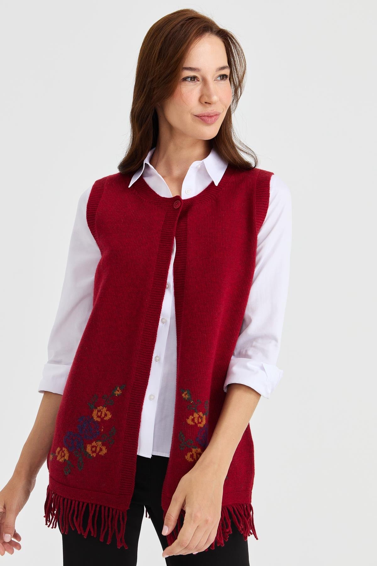 23225Kadın Eteği Çiçekli Püsküllü Yelek V.Kırmızı