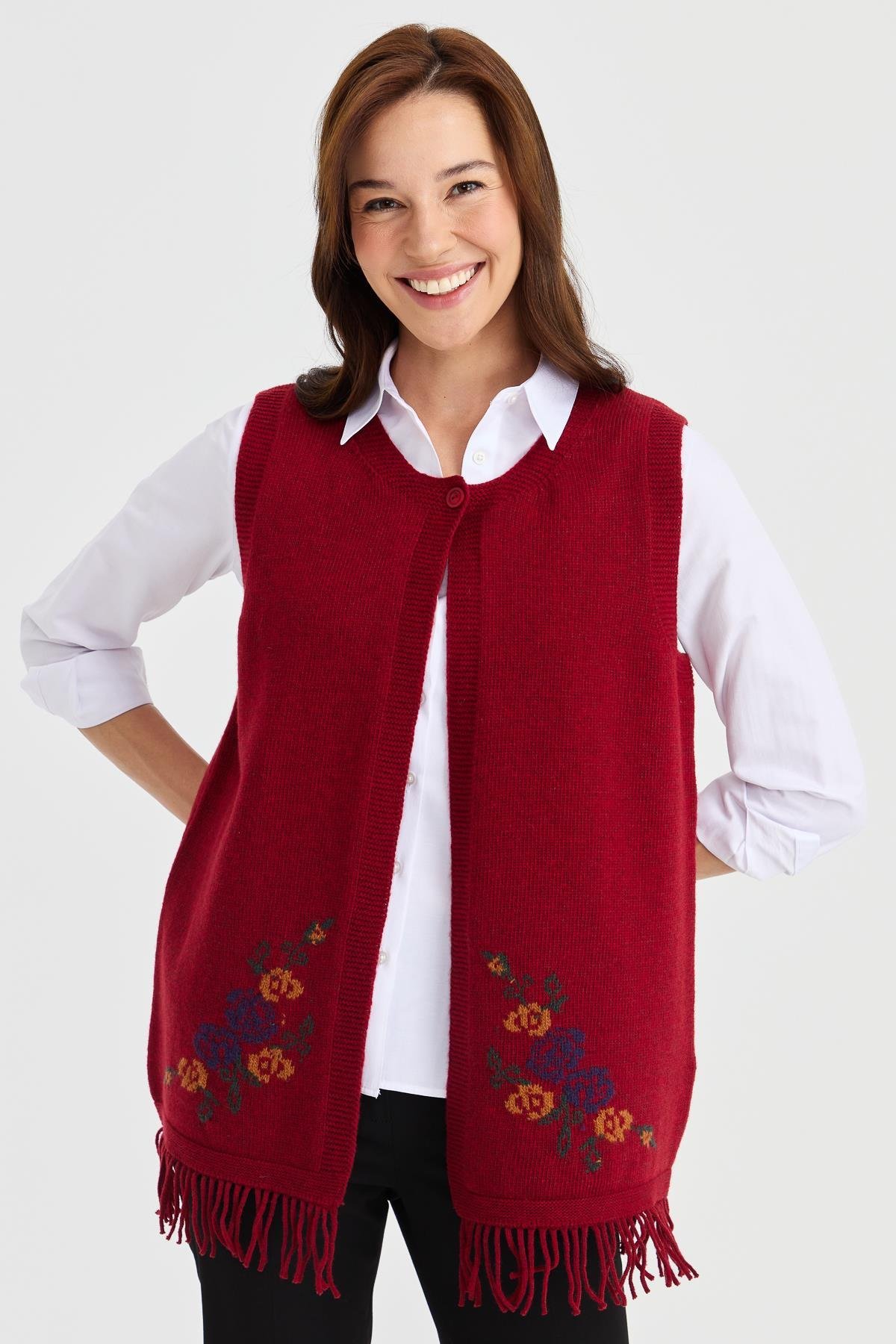 23225Kadın Eteği Çiçekli Püsküllü Yelek V.Kırmızı