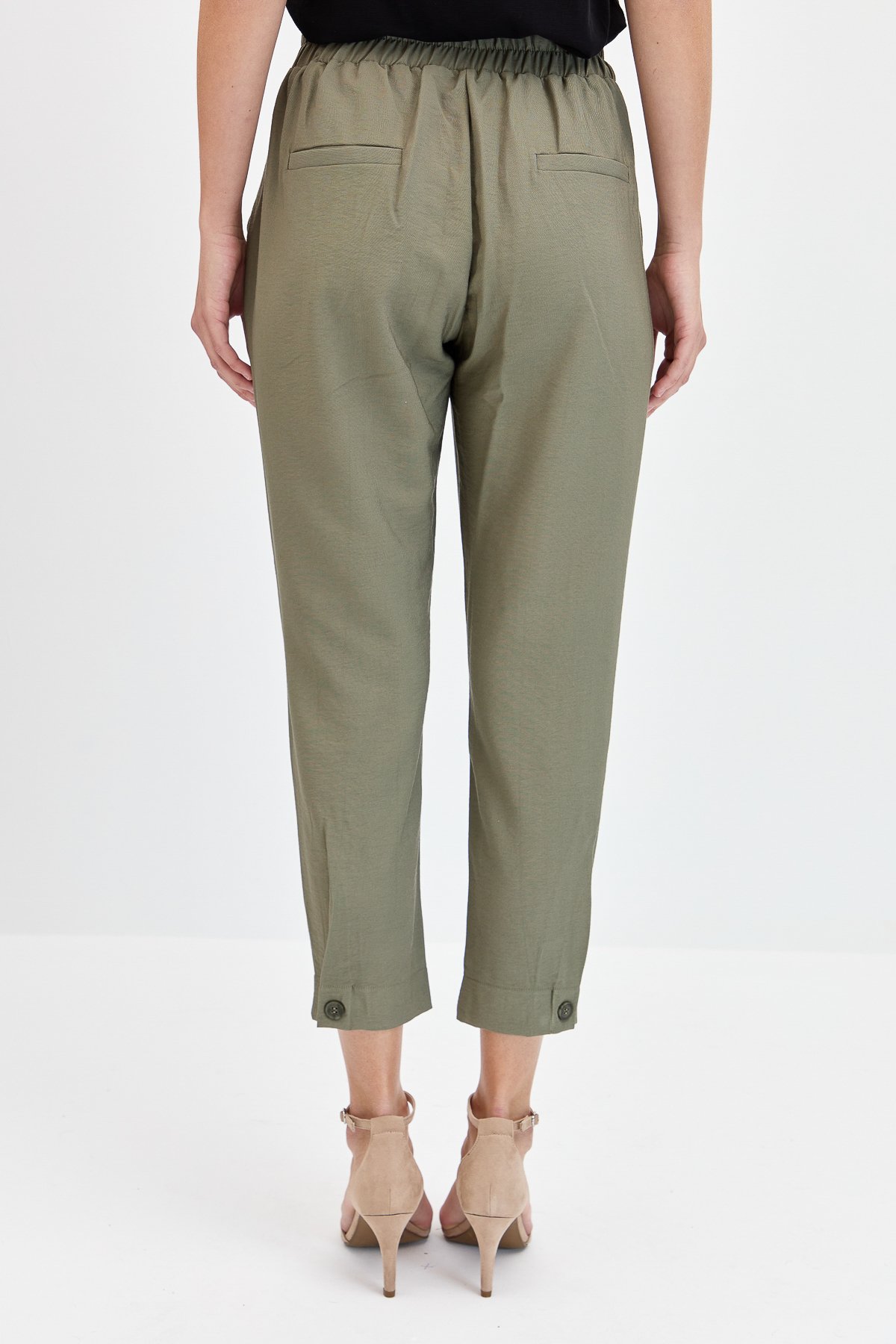 KMYPT01Kadın Geniş Kemerli Paçası Düğmeli Keten Pantolon Haki