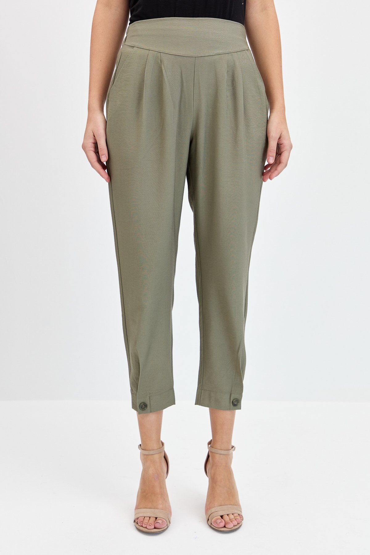 KMYPT01Kadın Geniş Kemerli Paçası Düğmeli Keten Pantolon Haki