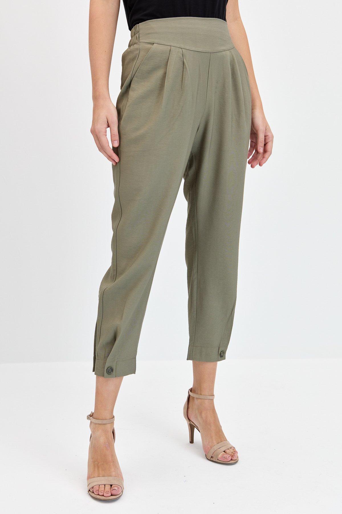 KMYPT01Kadın Geniş Kemerli Paçası Düğmeli Keten Pantolon Haki
