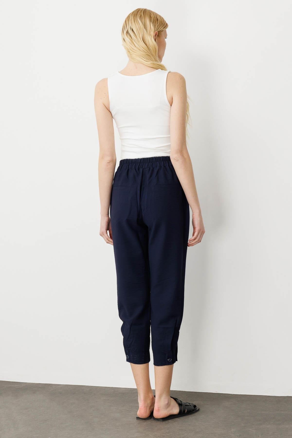 KMYPT01Kadın Geniş Kemerli Paçası Düğmeli Keten Pantolon Lacivert