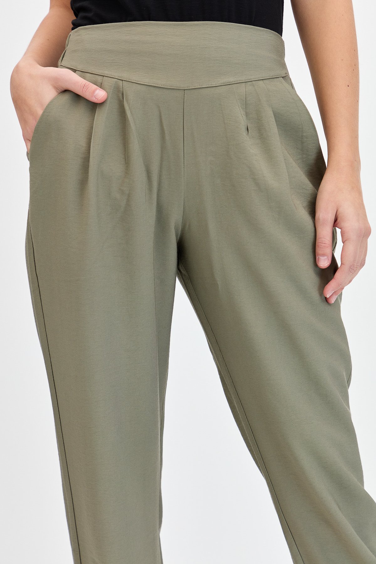 KMYPT01Kadın Geniş Kemerli Paçası Düğmeli Keten Pantolon Haki