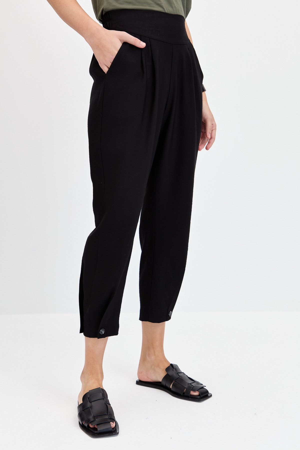 KMYPT01Kadın Geniş Kemerli Paçası Düğmeli Keten Pantolon Siyah