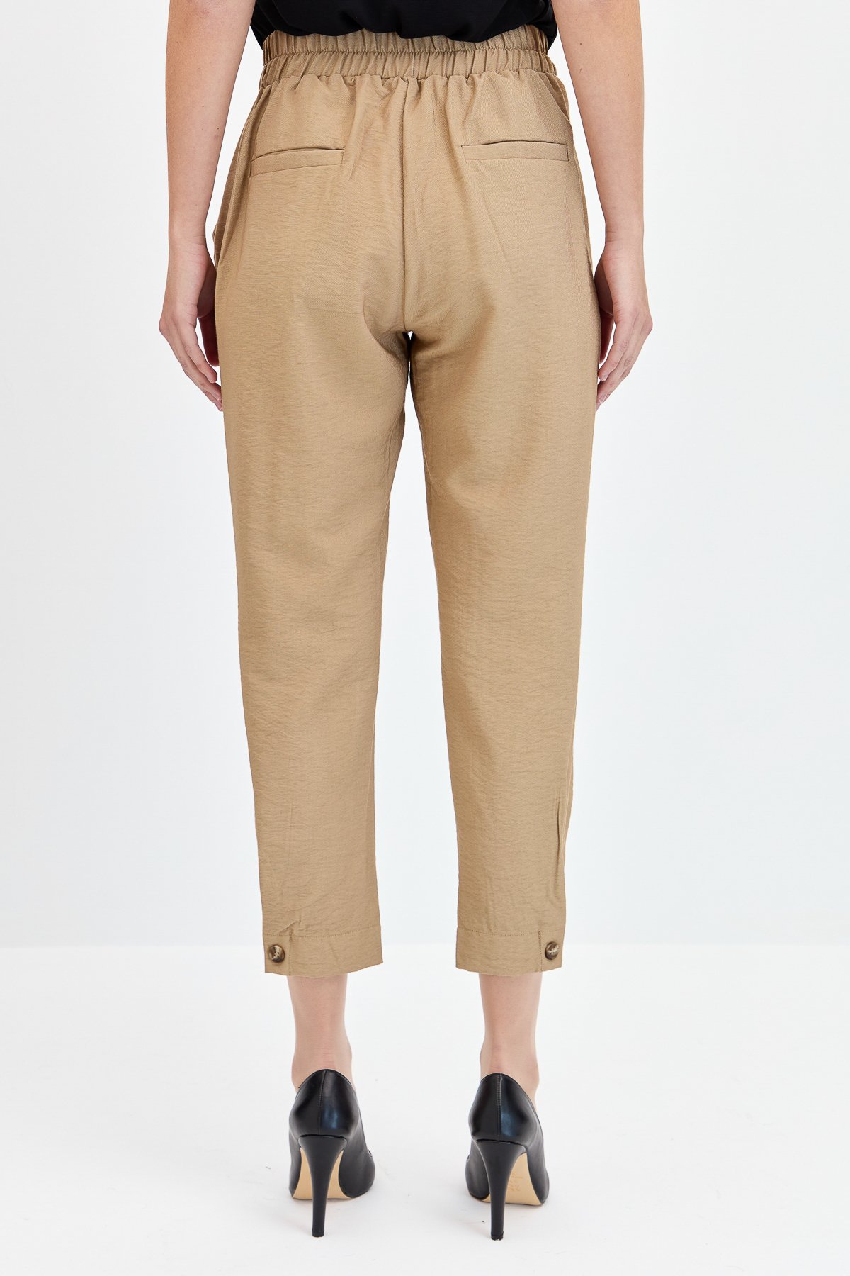 KMYPT01Kadın Geniş Kemerli Paçası Düğmeli Keten Pantolon Camel