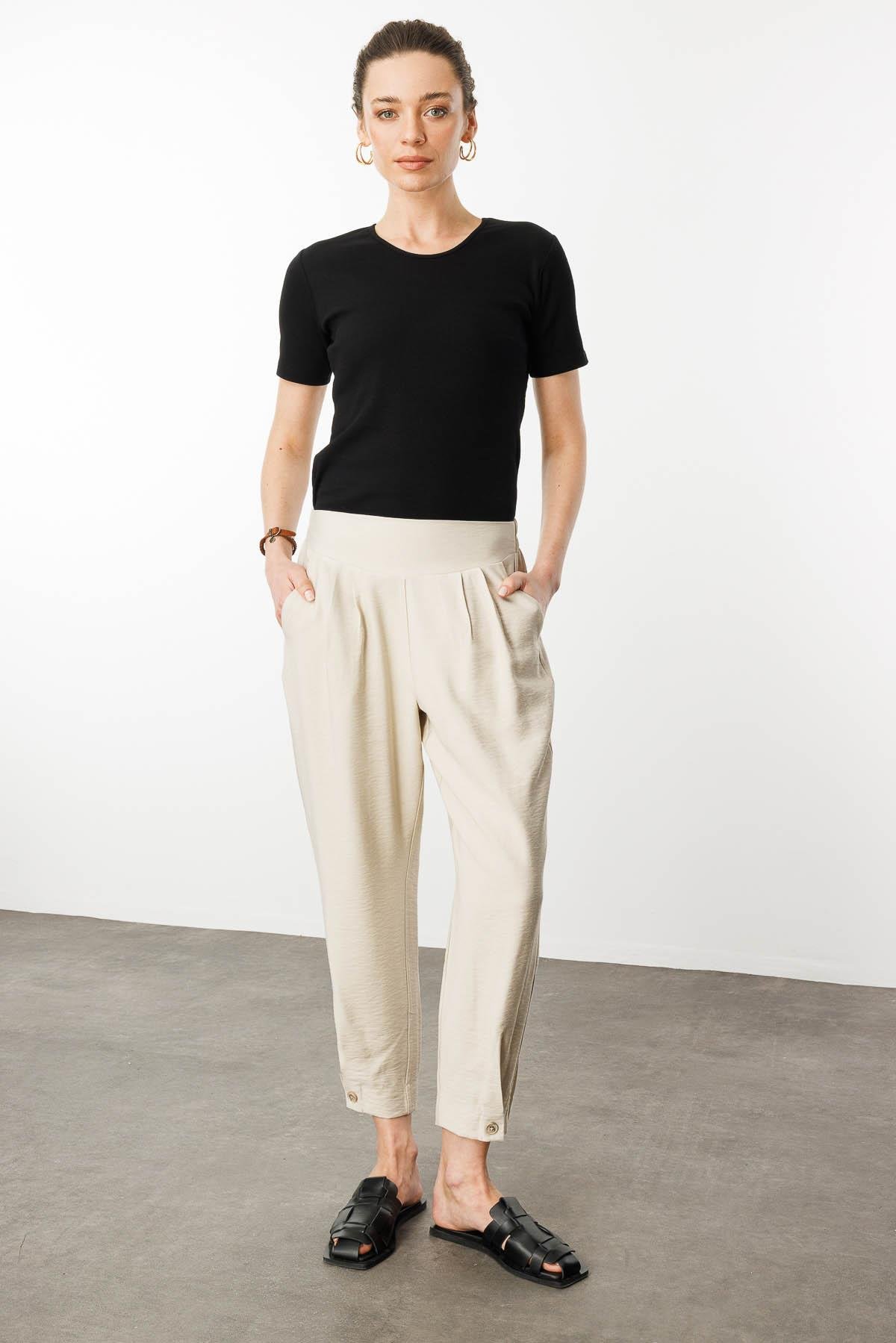 KMYPT01Kadın Geniş Kemerli Paçası Düğmeli Keten Pantolon Taş