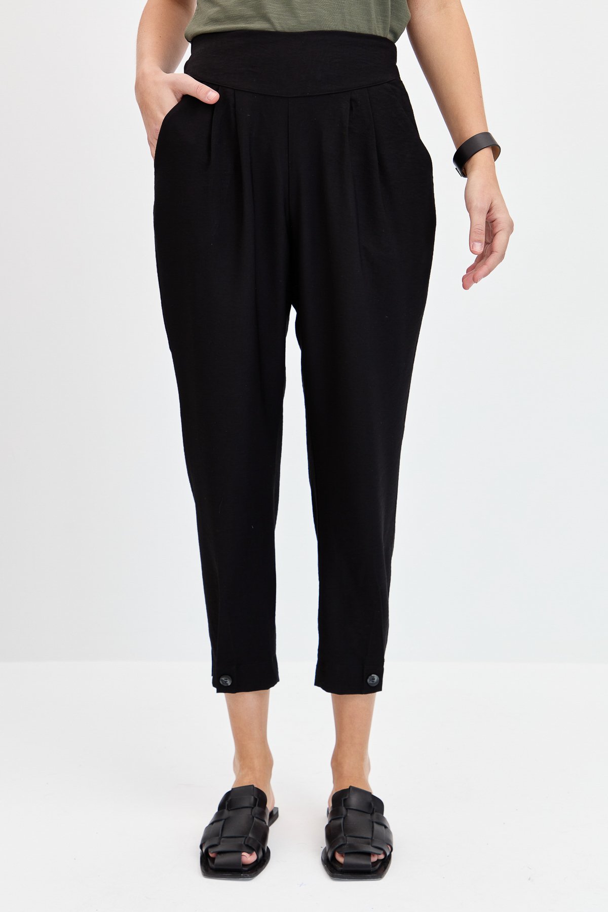 KMYPT01Kadın Geniş Kemerli Paçası Düğmeli Keten Pantolon Siyah