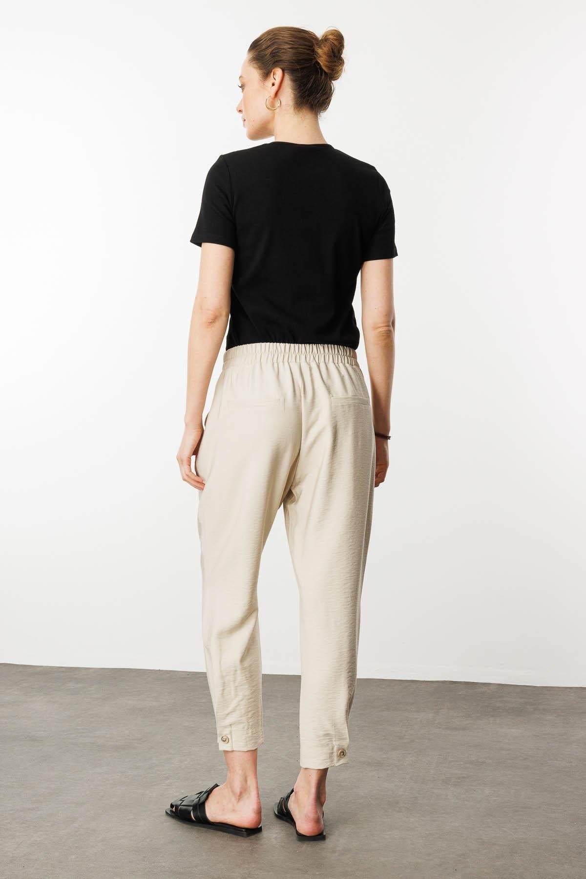 KMYPT01Kadın Geniş Kemerli Paçası Düğmeli Keten Pantolon Taş