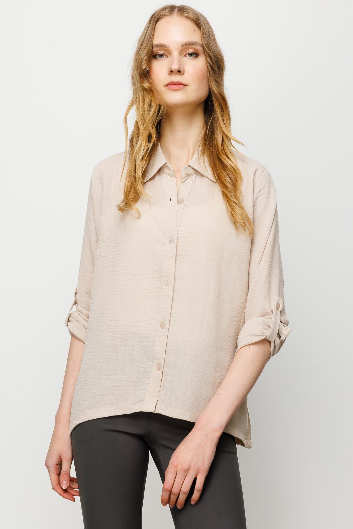 23773Kadın Geniş Kesim Düz Keten Gömlek Bej