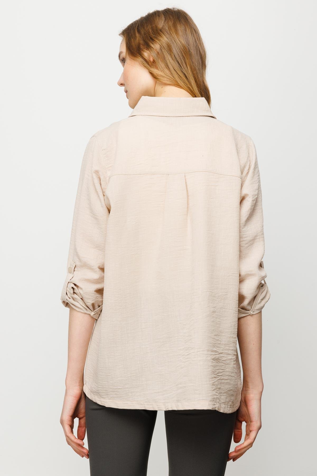 23773Kadın Geniş Kesim Düz Keten Gömlek Bej