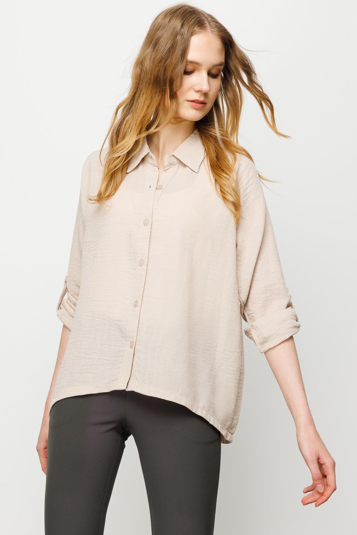 23773Kadın Geniş Kesim Düz Keten Gömlek Bej