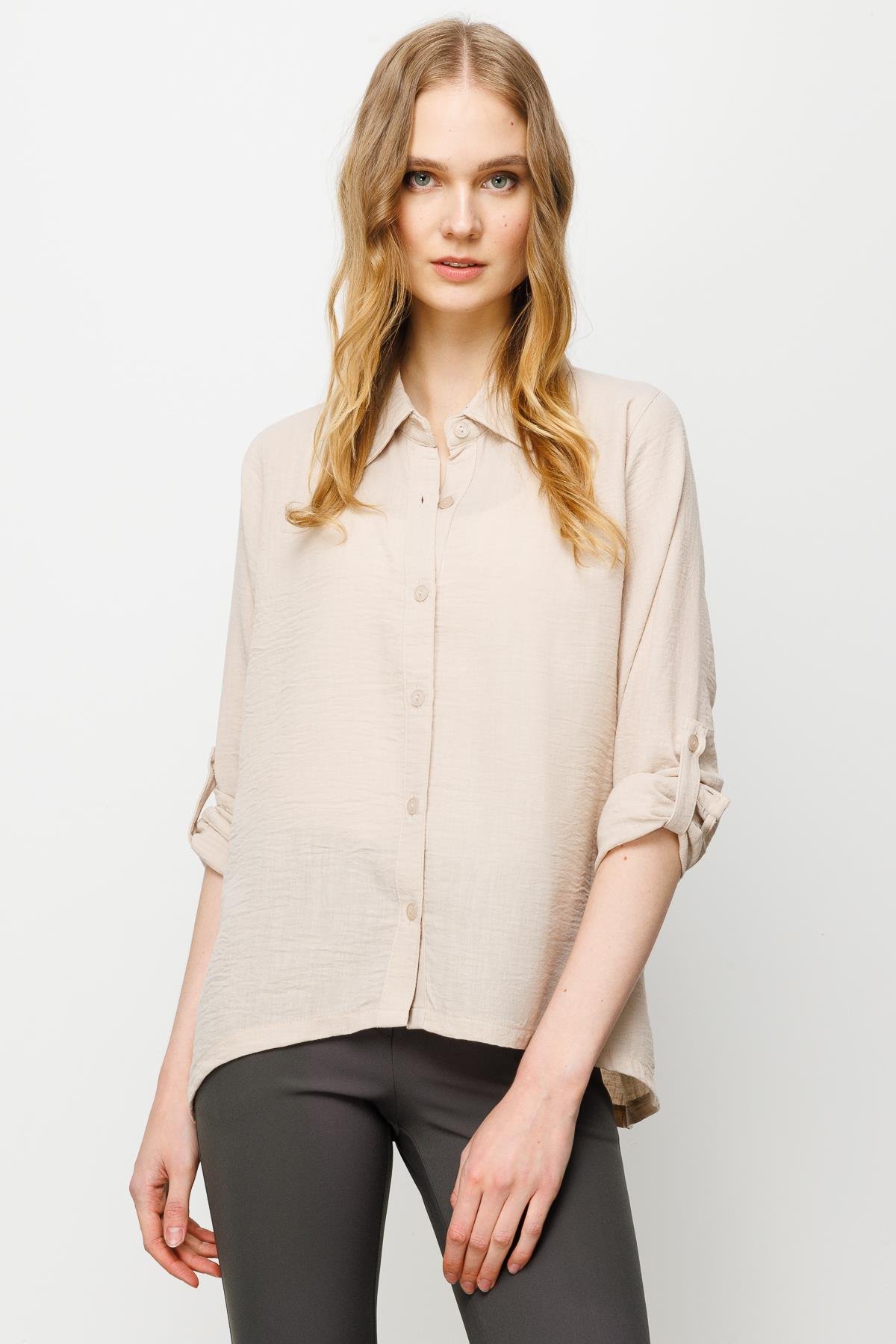 23773Kadın Geniş Kesim Düz Keten Gömlek Bej