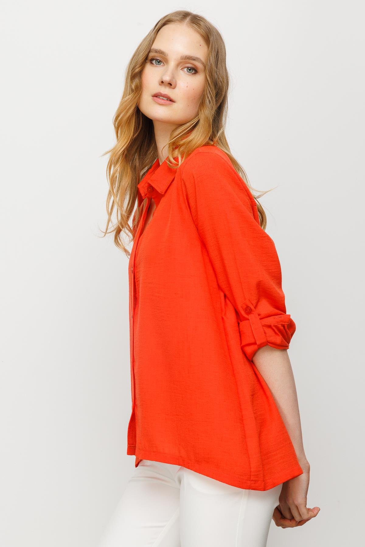 23773Kadın Geniş Kesim Düz Keten Gömlek Oranj
