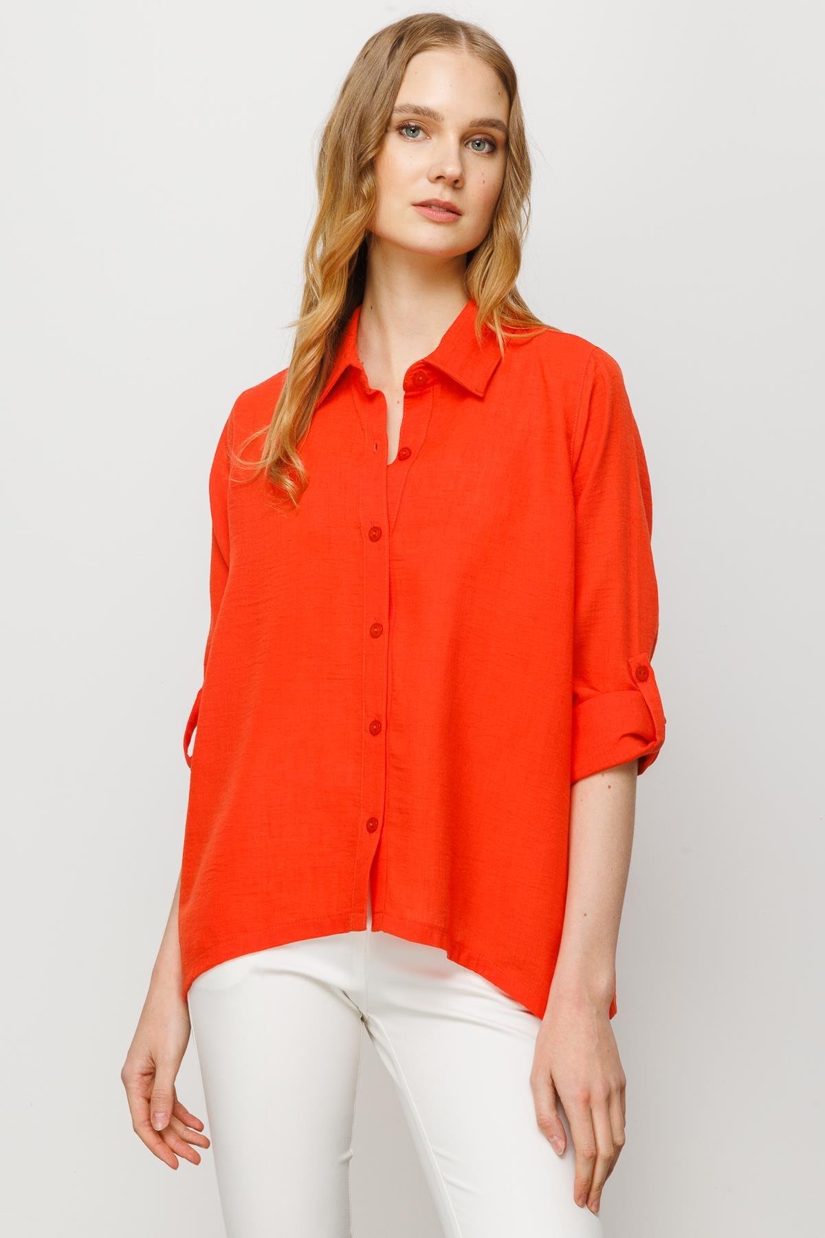 23773Kadın Geniş Kesim Düz Keten Gömlek Oranj